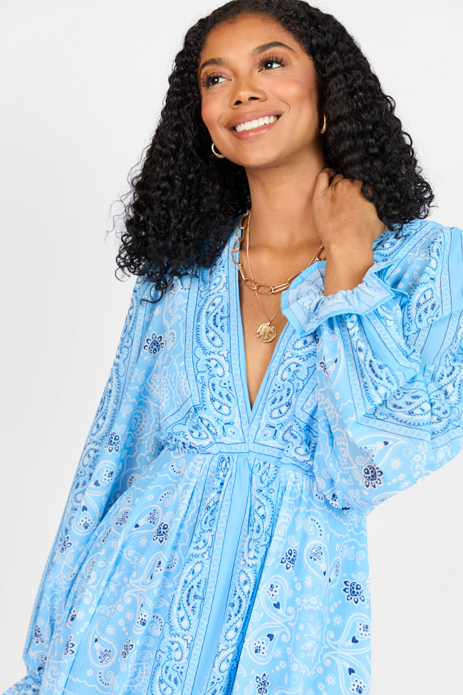 It's On Me Blue Bandana Print Maxi Dress - Flowy Summer Dress for Women, Beach Cover Up, Boho Chic Outfit, Perfect for Vacations & Outdoor Events