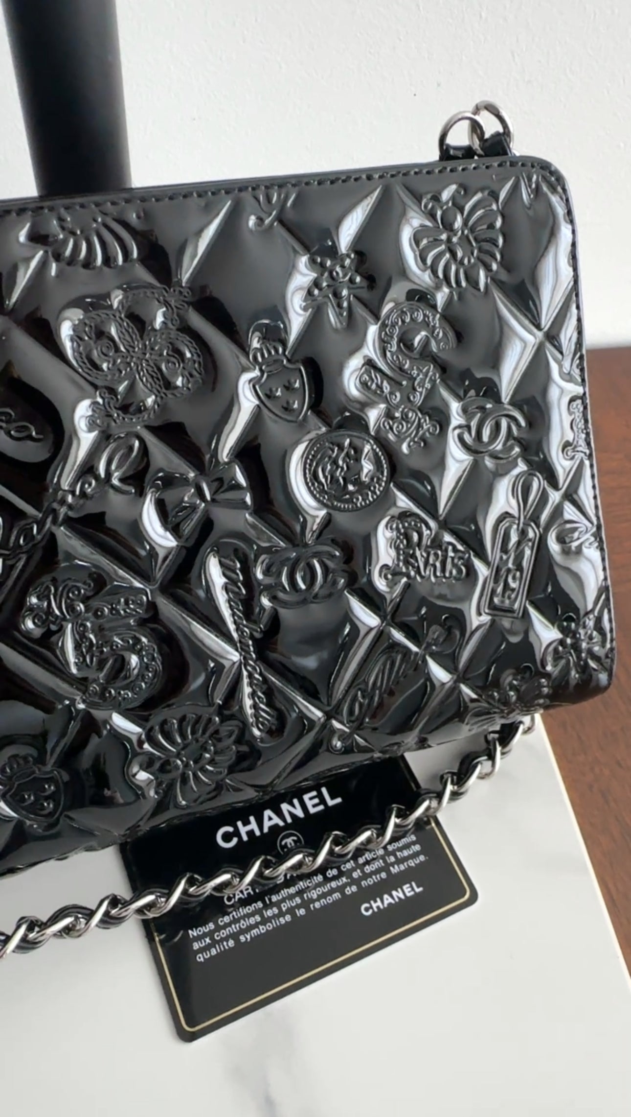 Chanel Black Patent Leather 2006 8 Lucky Symbols Pochette Bag - Luxury Vintage Crossbody Purse for Women, Perfect for Parties & Special Occasions