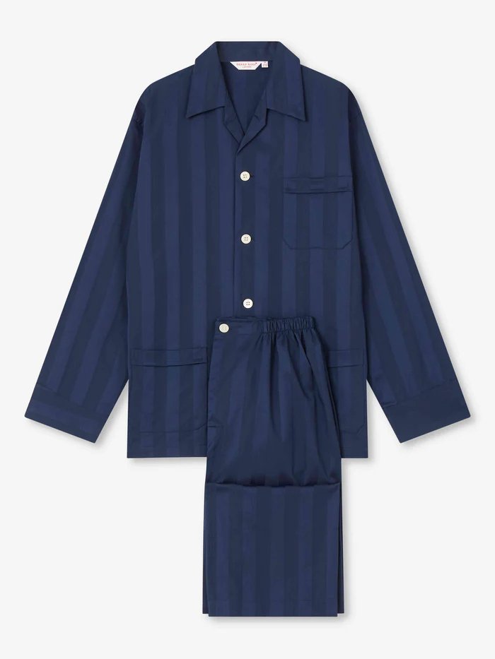 DEREK ROSE Lingfield Men's Soft Cotton Pajama Set - Navy Blue Sleepwear for Men | Cozy Lounge Wear & Nightwear for Relaxation at Home
