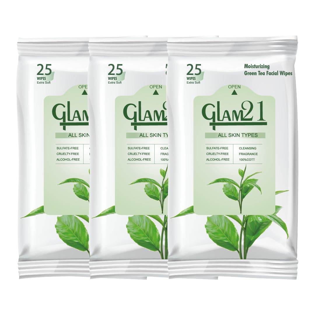 Glam21 Facial Wipes - Super Soft & Moisturizing Green Tea Extract Cleansing Wipes for Makeup Removal & Skin Refreshment | Pack of 3 | Perfect for Travel, Gym & Daily Skincare Routine