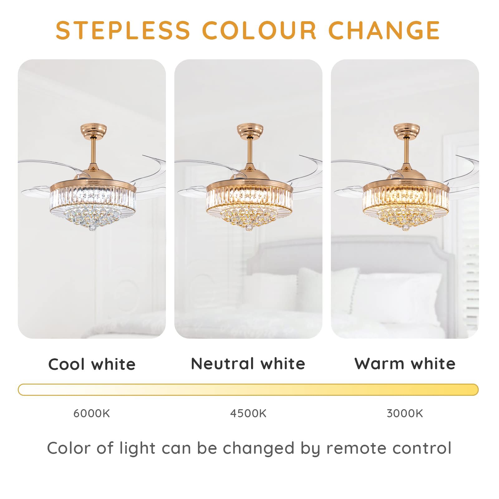 48 Inch Crystal Ceiling Fan with Light and Remote Control - Modern Dimmable Fandelier, Invisible Retractable Chandelier Fan in Gold Finish - Perfect for Bedroom, Living Room, Dining Room and Home Office Decor