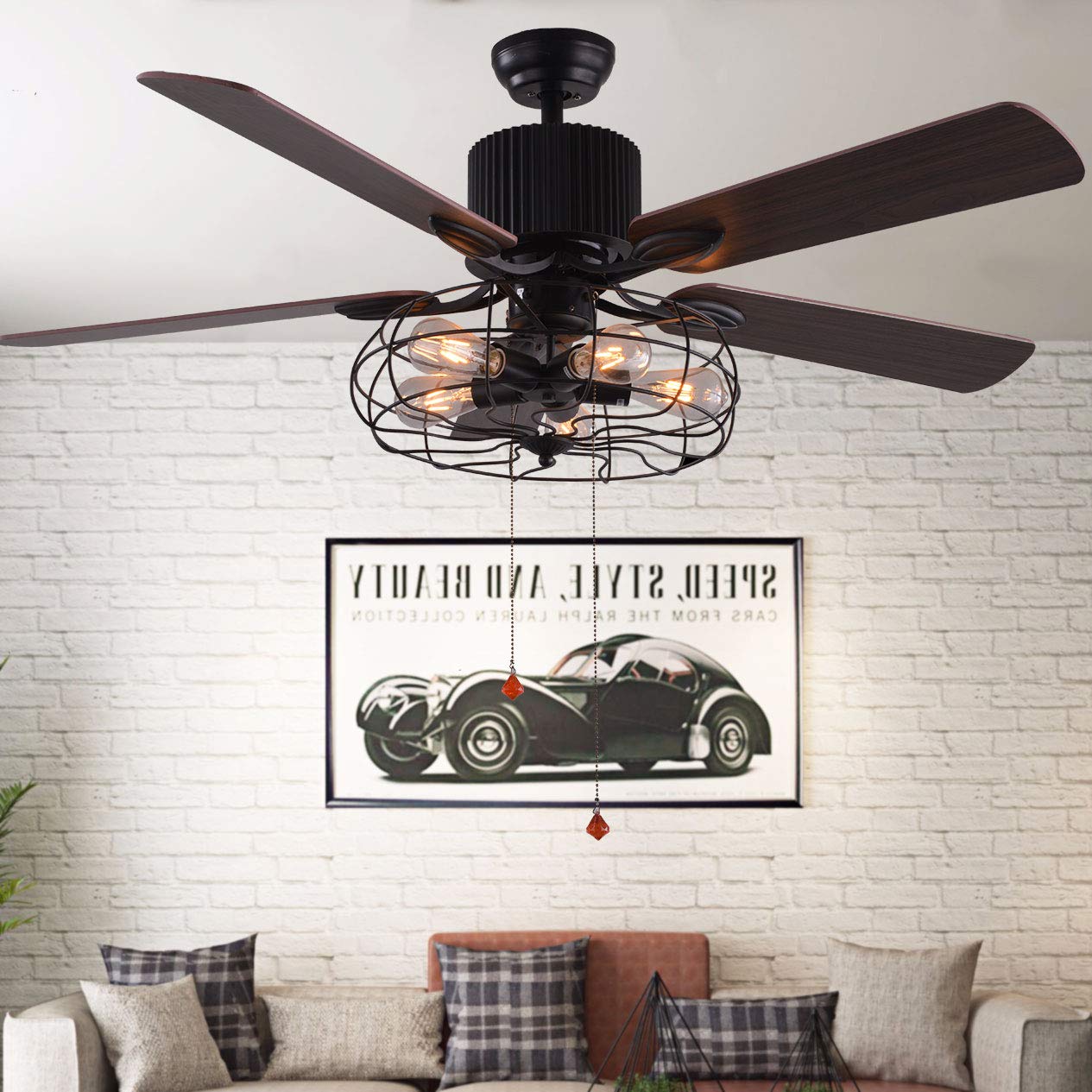 Bella Depot 42-Inch Industrial Ceiling Fan with Lights & Remote - Black Iron Cage Design, 5 Reversible Wood Blades - Perfect for Kitchen, Bedroom, Living Room, Office & Patio Cooling & Lighting