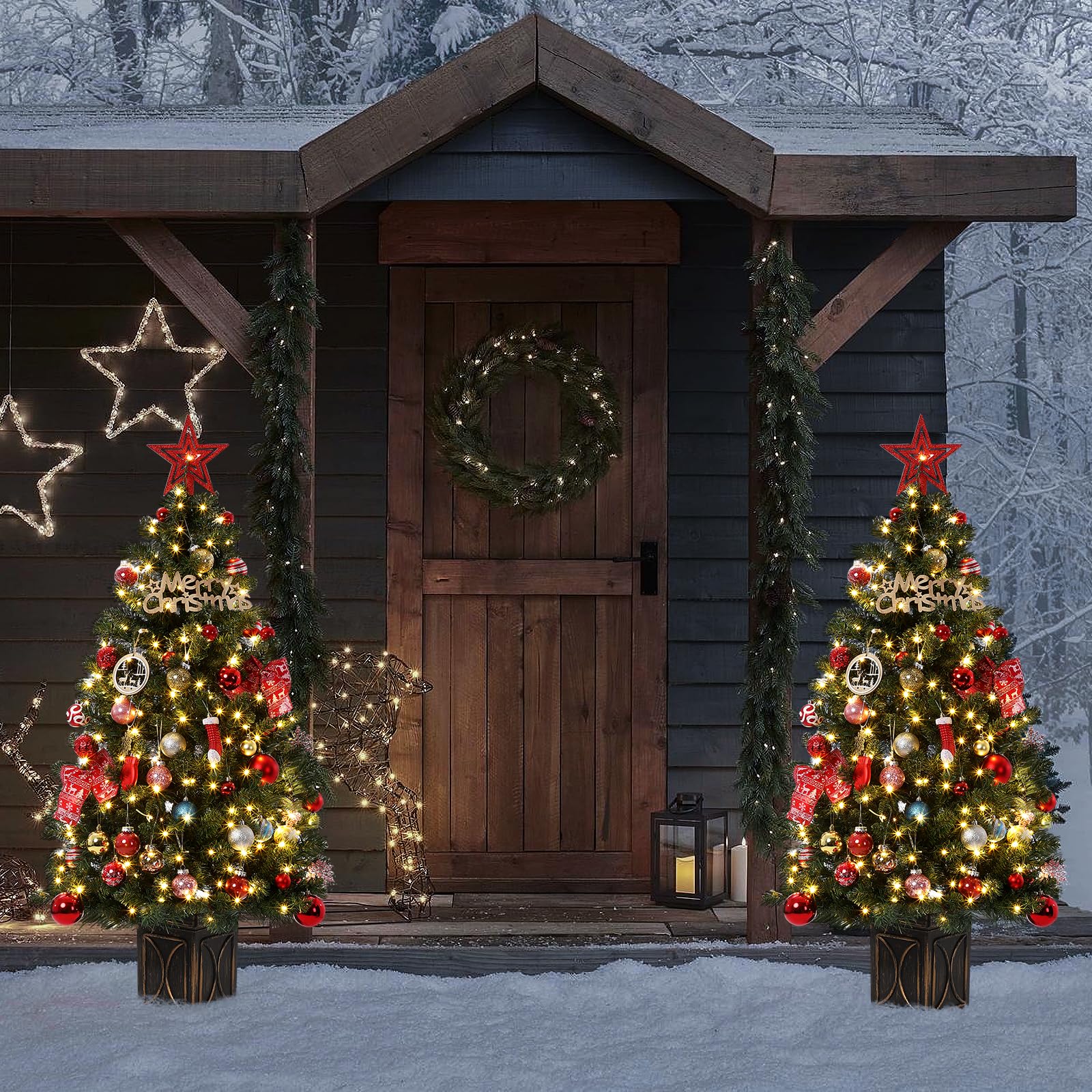 GARVEE 4.5 Ft Pre-Lit Artificial Christmas Tree with 300 LED Lights - 8 Lighting Modes, Fiber Optic Potted Xmas Tree with Black Base - Perfect for Home, Office & Holiday Decor