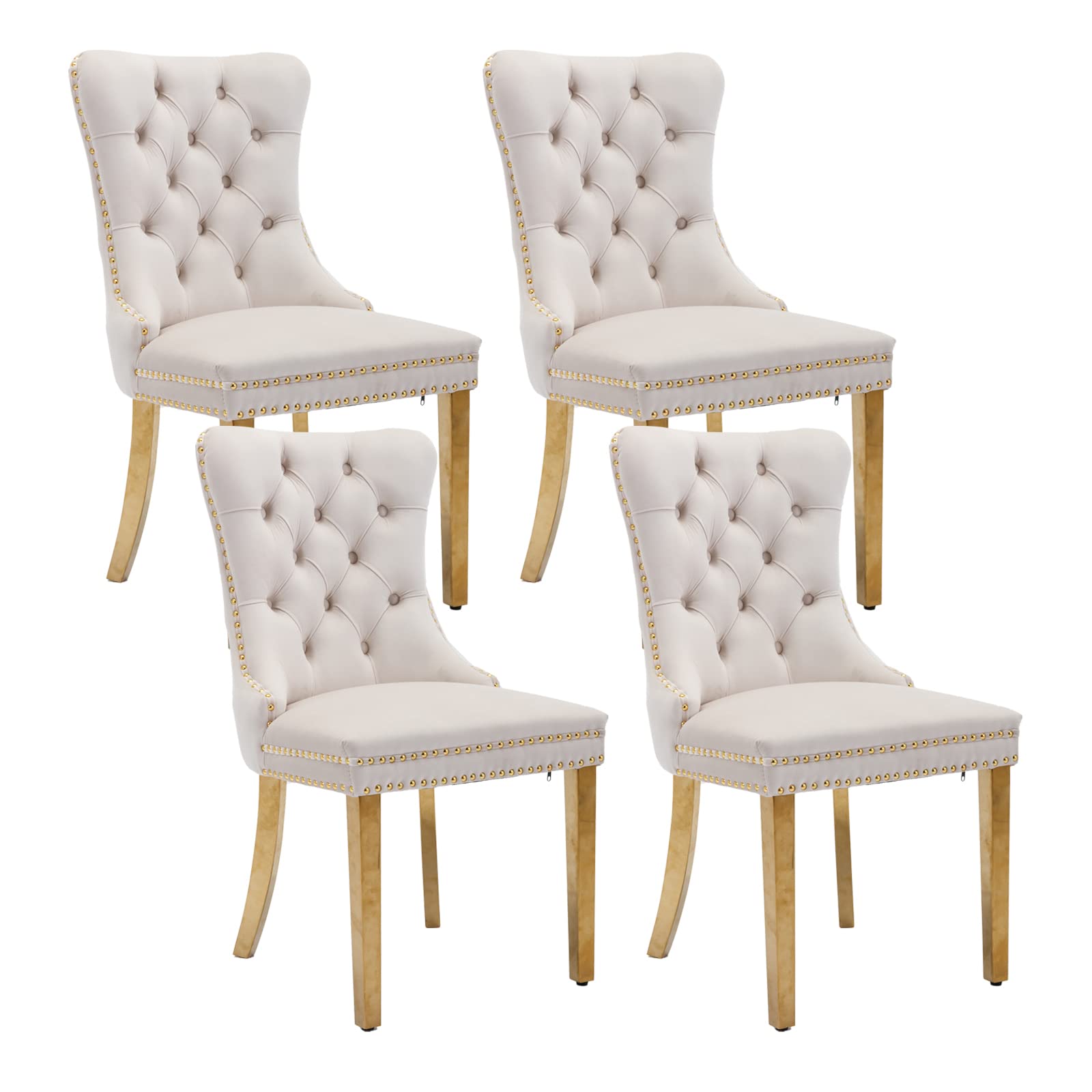 4 Beige Velvet Dining Chairs Set - Modern Upholstered Kitchen Chairs with Gold Metal Legs & Ring Pull Trim - Soft Velvet Seating for Dining Room, Living Room & Kitchen Decor - Perfect for Family Gatherings, Dinner Parties & Cozy Home Entertaining