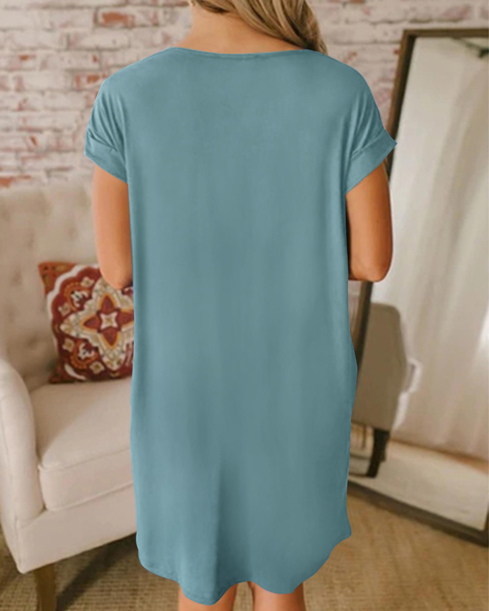 BTFBM Women's V-Neck Short Sleeve Summer Dress - 2025 Spring Casual Loose Tunic T-Shirt Dress with Pockets | Lounge, Sleepwear, Beach Cover-Up, Everyday Wear