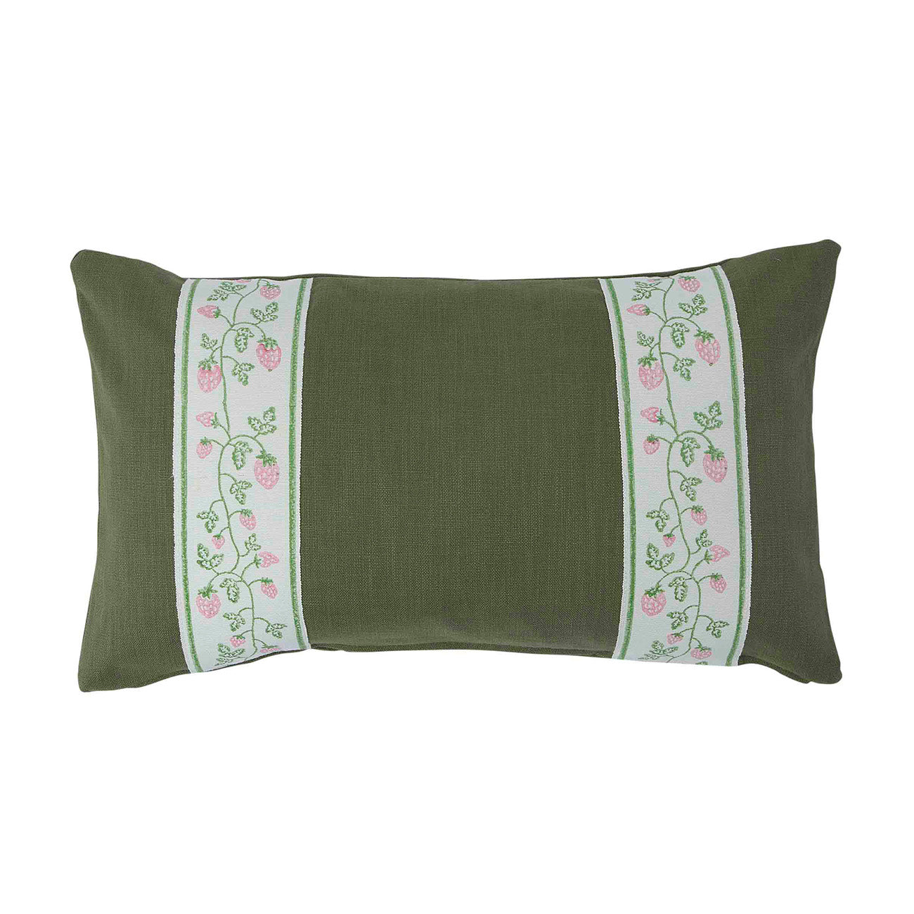 Olive Green Cushion with Strawberry Green and Pink Tape - Soft Throw Pillow for Sofa, Bed, and Home Decor