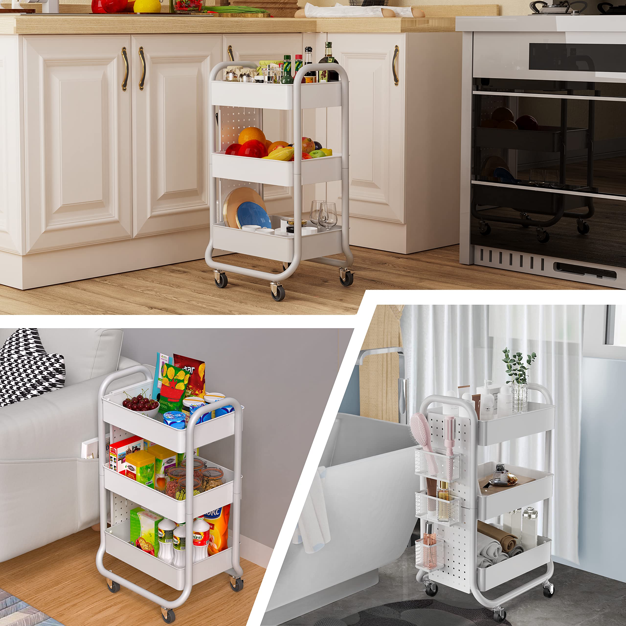 DESIGNA 3-Tier Rolling Utility Cart with Handle - Metal Storage Cart with Removable Pegboard & 3 Accessories - Easy Assembly Organizer for Kitchen, Bathroom, Office, Craft Room - White (Perfect for Home Organization & Mobile Storage Solutions)