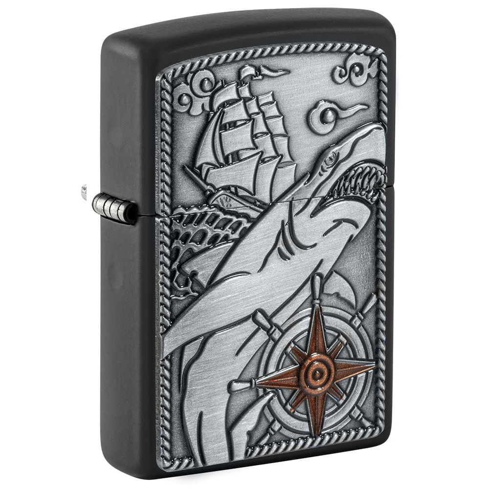 Zippo Lighter with Shark Emblem Design - Windproof Refillable Metal Lighter for Outdoor Camping, Survival Gear & Collectors
