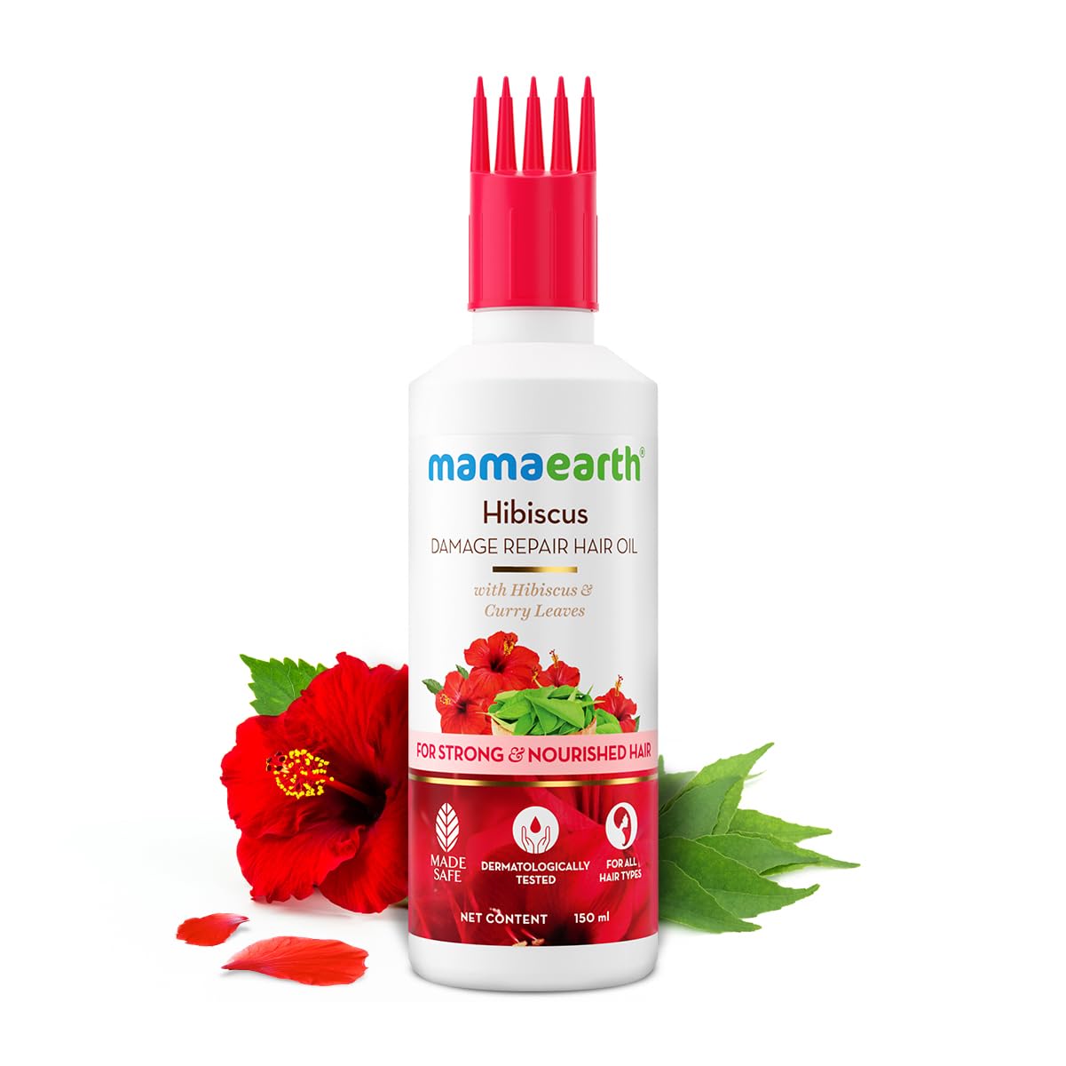 Mamaearth Hibiscus & Curry Leaves Hair Oil for Damage Repair - Strengthens & Nourishes Hair | Smooths Dry, Rough & Frizz-Free Hair | All Hair Types | 150ml | Perfect for Daily Hair Care & Deep Conditioning Treatments