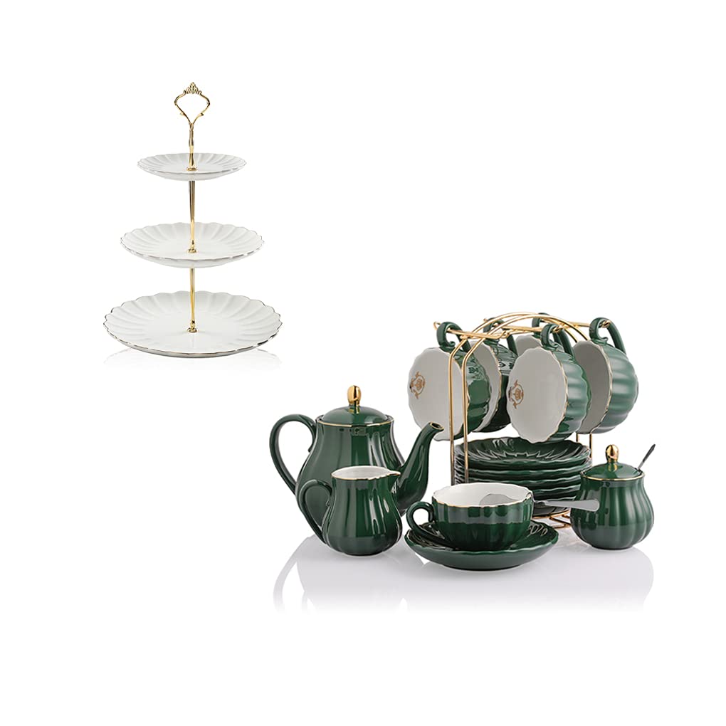 SWEEJAR British Royal Porcelain Tea Set - 8 OZ Cups, Saucers, Teapot, Sugar Bowl, Cream Pitcher with Teaspoons & Tea Strainer + 3-Tier Ceramic Cake Stand | Elegant Afternoon Tea, Wedding & Party Serving Set for Royal Tea Parties, Bridal Showers & Special Occasions
