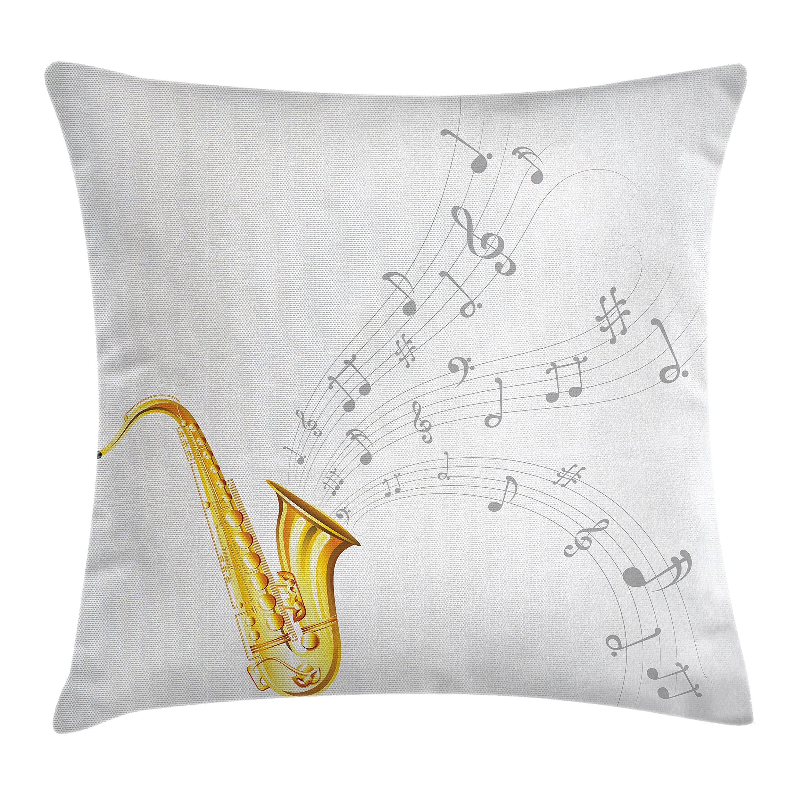 Lunarable Music Throw Pillow Cover - Wavy Saxophone Solo Party Beat Design, Decorative Square Accent Cushion Case 40x40 Inches, Yellow & White - Perfect for Living Room, Bedroom, or Music Lover's Home Decor