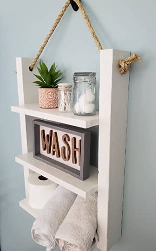 Rustic Farmhouse Rope Hanging Ladder Shelf - Bathroom & Home Decor for Storage and Display | Perfect for Towels, Blankets, and Decorative Items