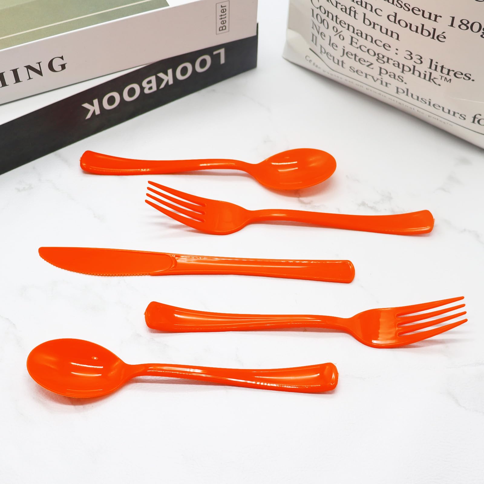 150-Pack Orange Plastic Cutlery Set - 50 Forks, 50 Spoons, 50 Knives | Disposable Utensils for Birthday Parties, Thanksgiving Dinner, Fall Festival & Picnic Supplies | Bulk Plastic Silverware for Outdoor Events & Catering