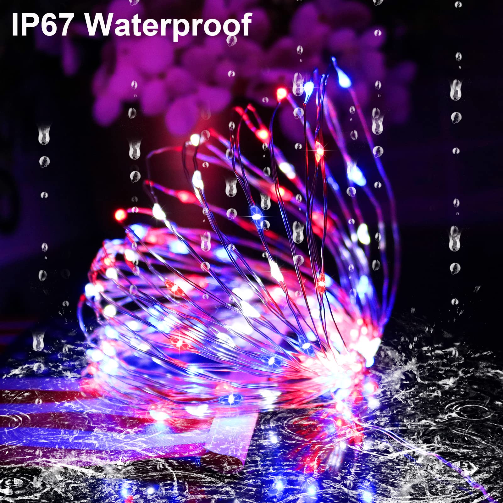 4th of July Patriotic Decorations - Solar Powered Outdoor String Lights (2 Pack) | 100 LED Red White & Blue Waterproof Fairy Lights (33ft Each, IP67) | 8 Lighting Modes for Memorial Day, Garden, Patio & Yard Decor | Perfect for Summer BBQs, Pool Parties & National Holiday Celebrations