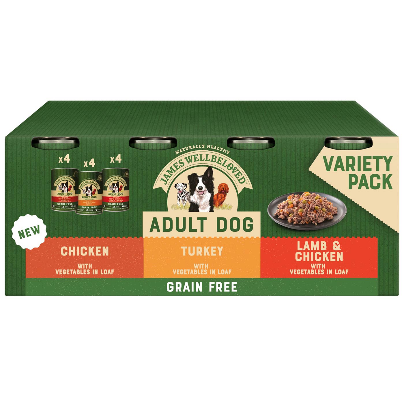 James Wellbeloved Grain Free Adult Dog Food - Turkey, Lamb & Chicken in Loaf (12 x 400g Cans) | Hypoallergenic & Digestive Support for Sensitive Dogs | Perfect for Home Feeding & Travel