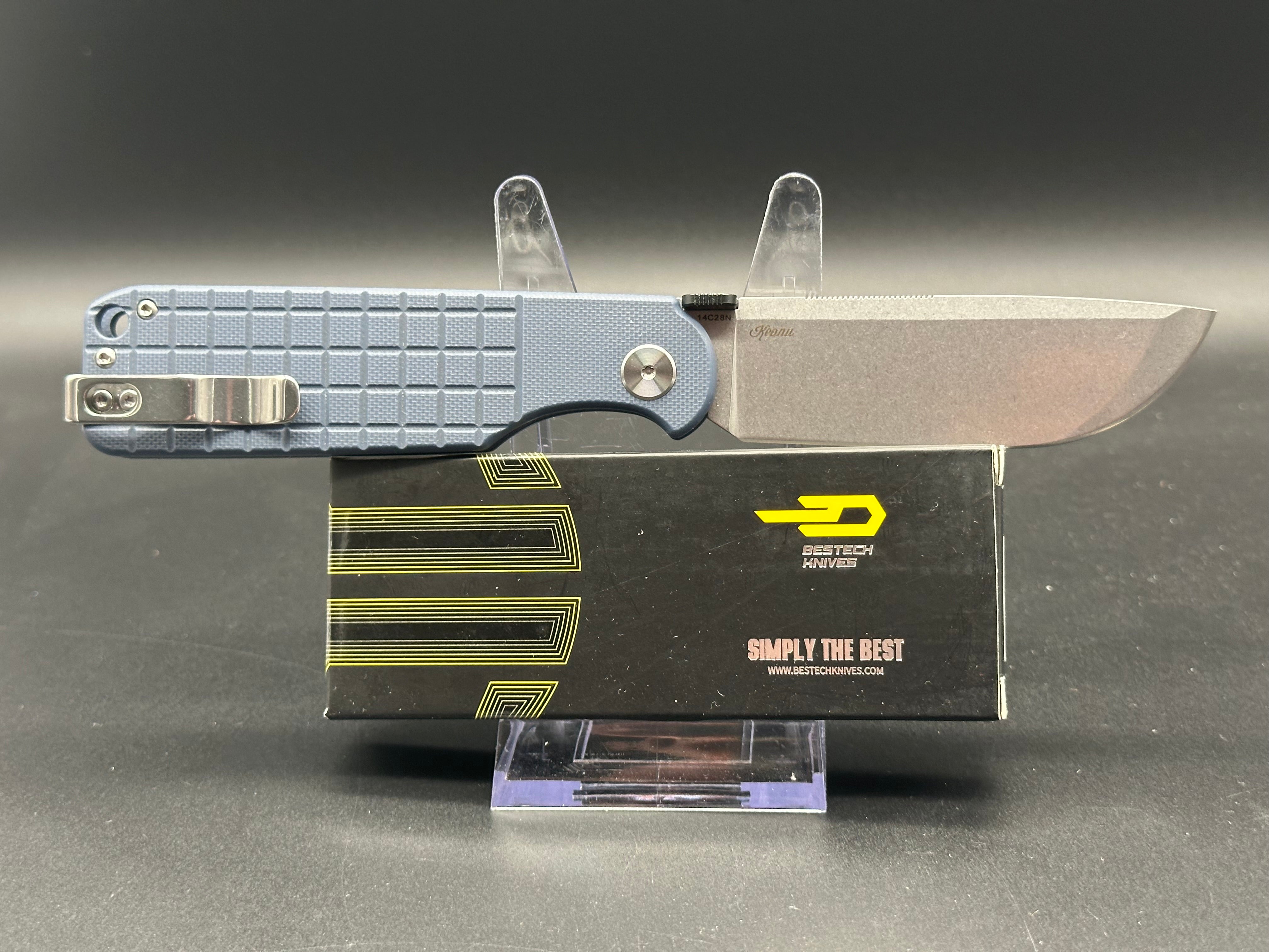 BESTECH GLOK Folding Knife - Grey G10 Handle, 14C28N Steel Plain Edge with Stonewash Finish - EDC, Outdoor Camping & Survival Tool
