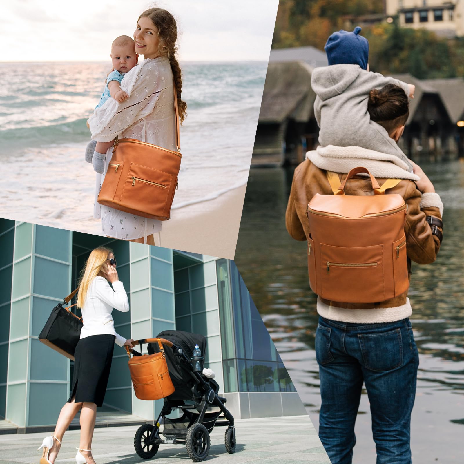 **Minsong Stylish Leather Diaper Backpack for Women – Waterproof Baby Travel Bag with Changing Pad & Stroller Straps – Perfect for Moms on the Go (Brown, 33L)** – Ideal for Travel, Shopping, and Everyday Use with Baby Essentials