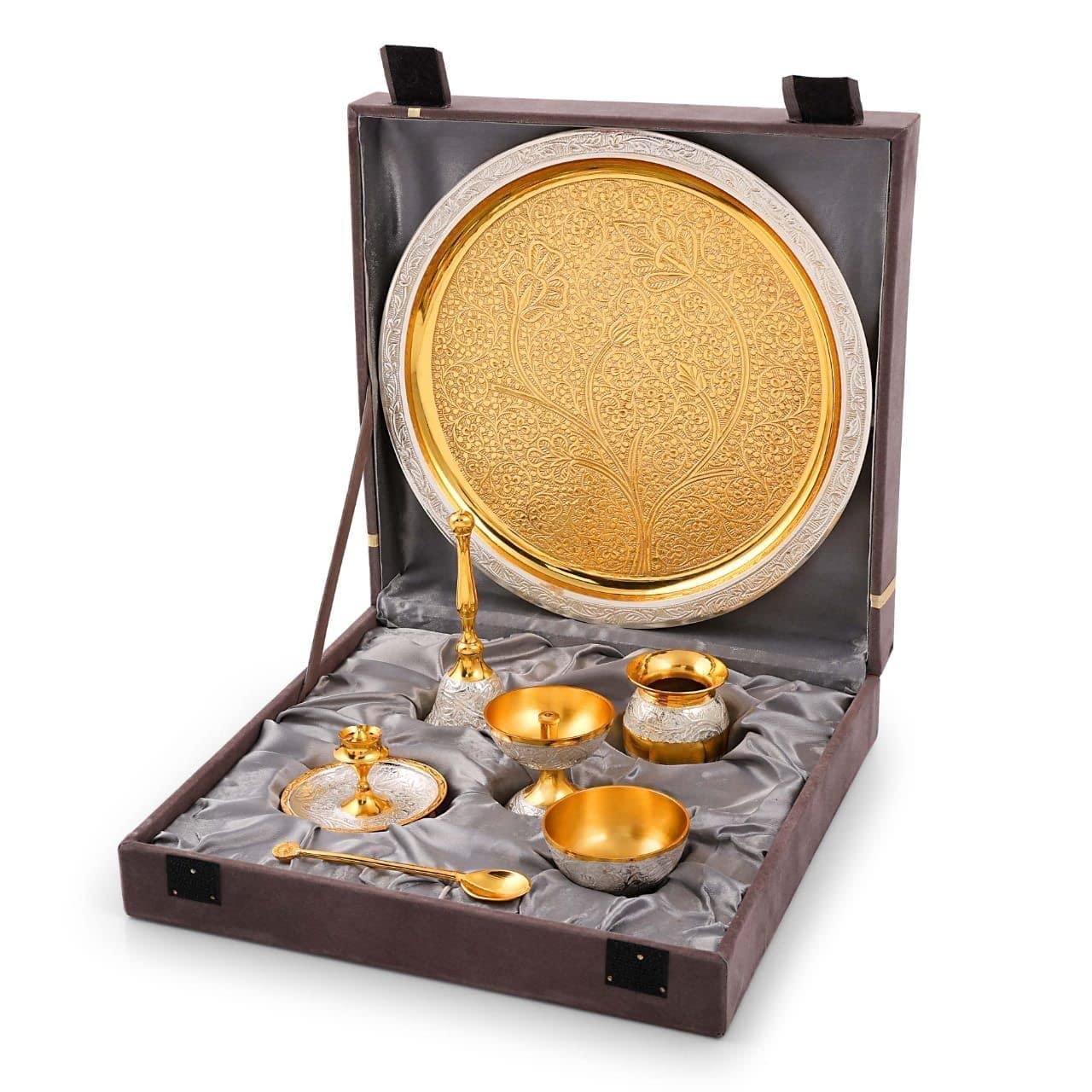 Premium Pure Brass Gold Rexin Box - Heavy Duty Pooja Thali for Hindu Rituals, Aarti Thali for Diwali, Navratri & Home Worship | Perfect Gift for Indian Festivals & Spiritual Ceremonies