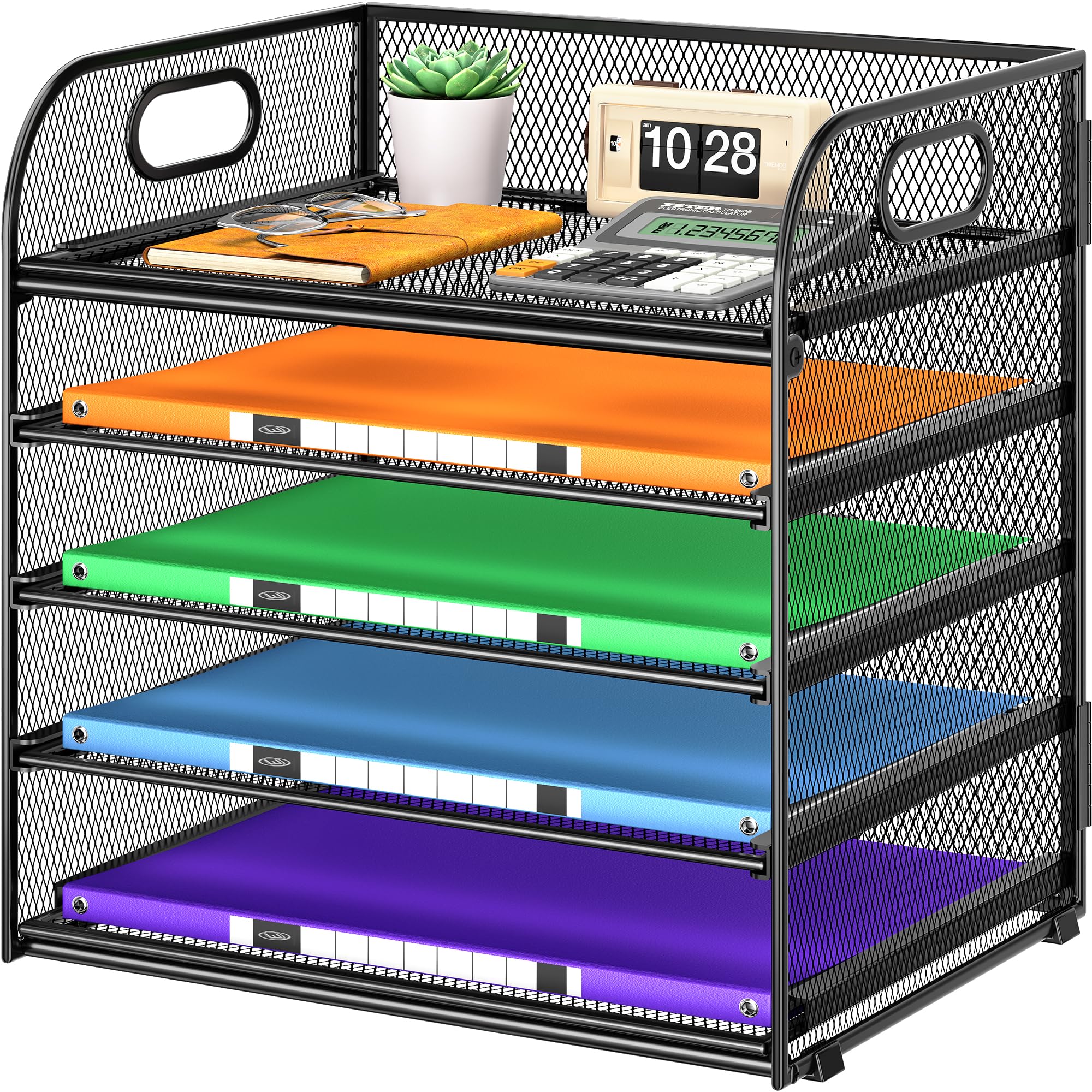 5 Tier Metal Mesh Desk Organizer with Handle - Black File Folder & Paper Letter Tray for Office, School, Classroom | Desktop Document Sorter for Efficient Organization & Storage | Perfect for Home Office, Study Desk, and Workspace Accessories