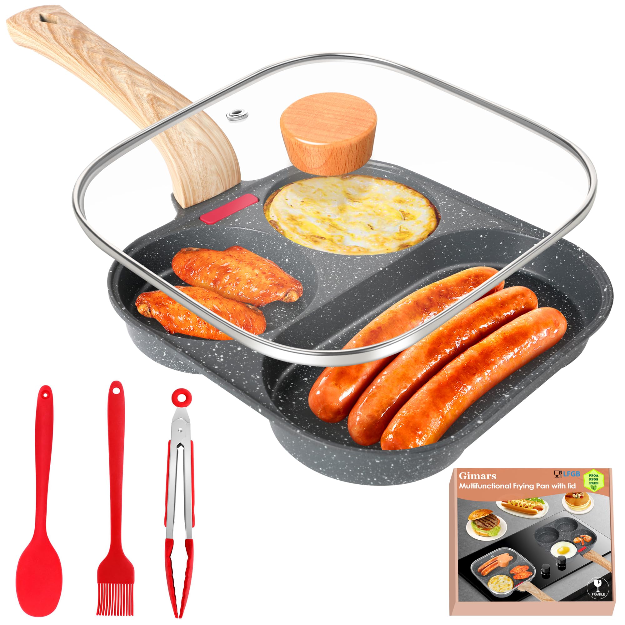 Non-Stick 3-Hole Aluminum Frying Pan with Lid - Multi-Functional Skillet for Pancakes, Omelets, Eggs, Hamburgers & Breakfast - Compatible with Gas & Induction Stoves - Includes Spatula, Brush & Clip - Perfect for Home Cooking, Camping & Quick Meals