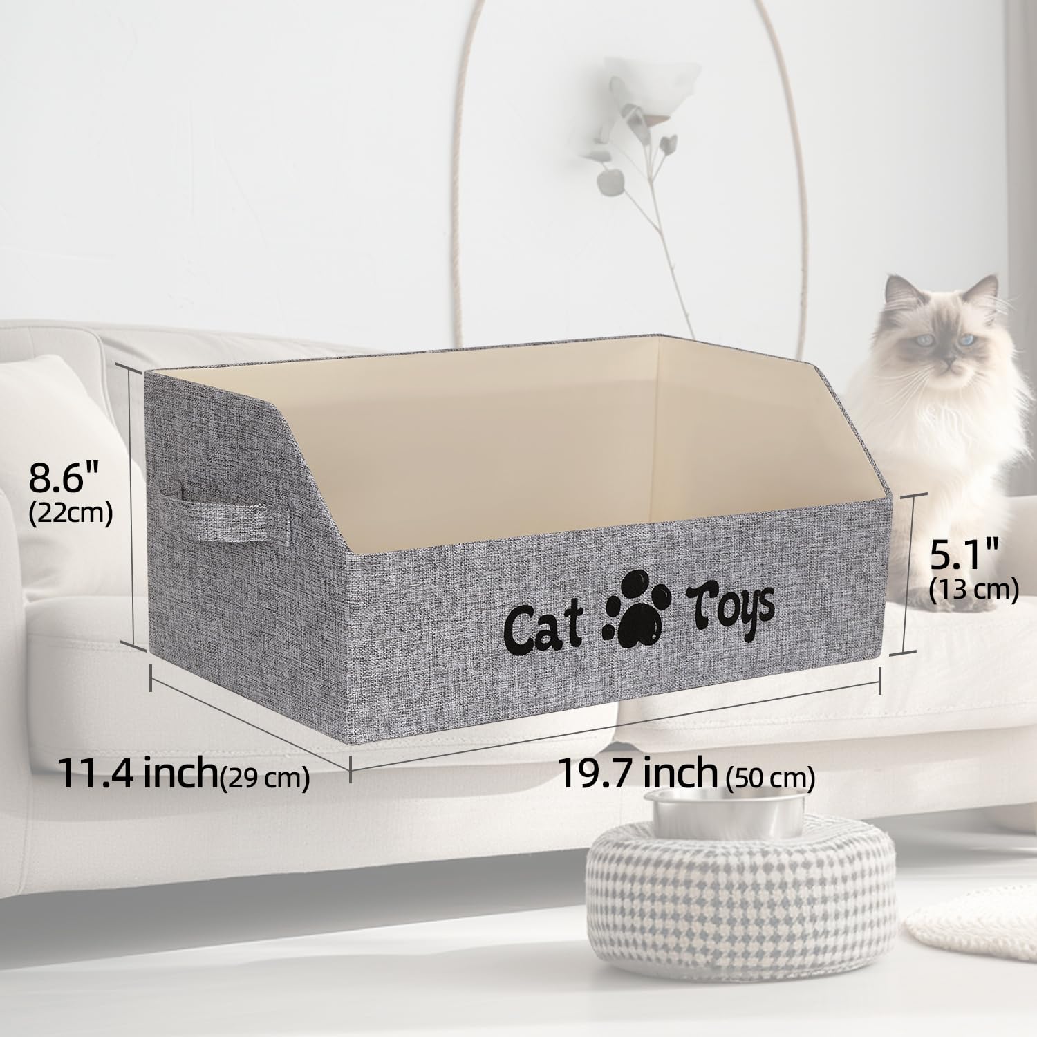 19.7 Inch Collapsible Cat Toy Storage Box with Handles - Pet Supplies Organizer for Toys, Clothes & Accessories - Perfect for Dogs & Cats - Gray | Ideal for Home, Living Room & Pet Play Areas