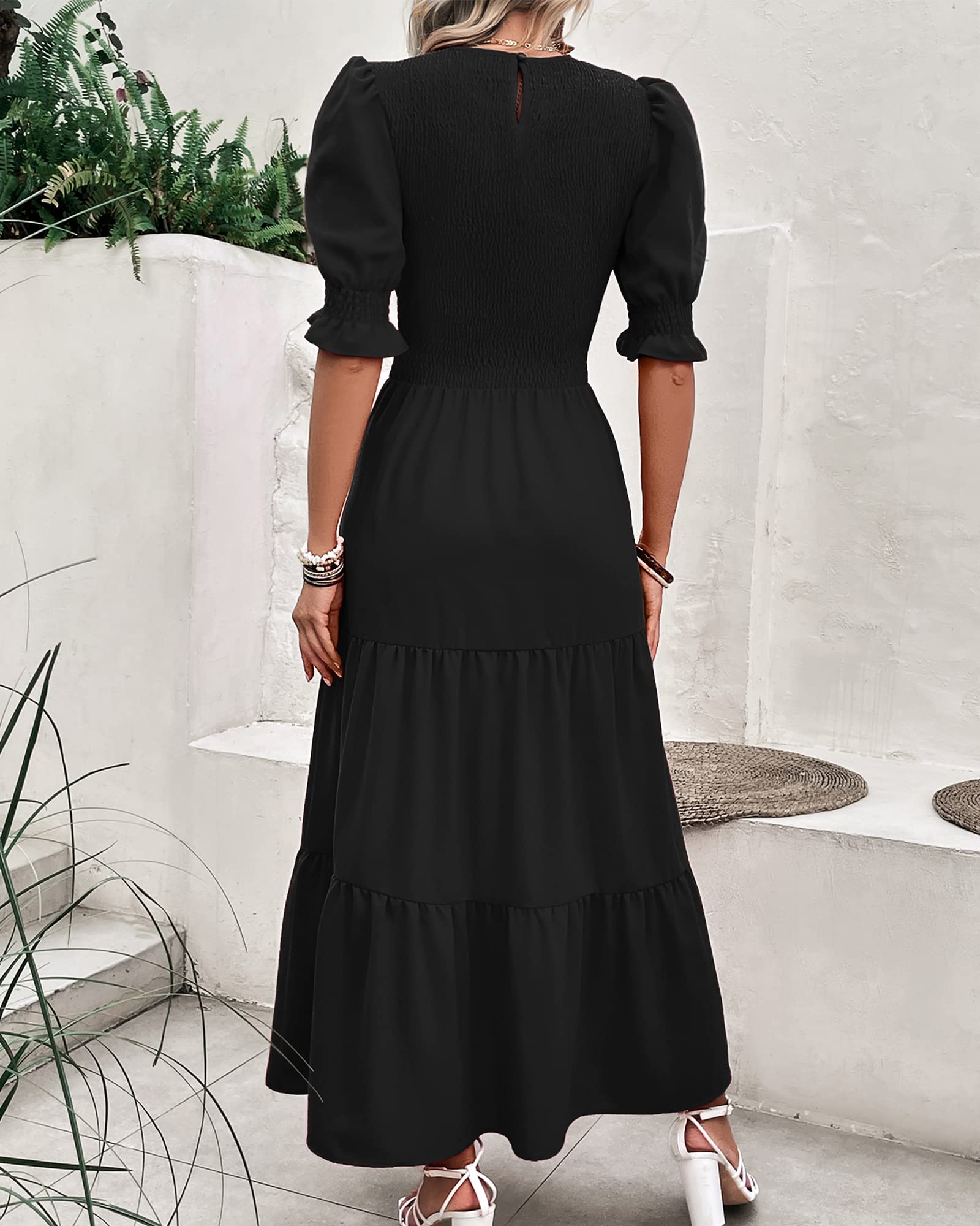 BTFBM Women's Floral Print Boho Maxi Dress - Crew Neck, Ruffle Short Sleeve, Smocked Waist, Flowy Summer Dress for Beach, Vacation & Casual Wear 2025