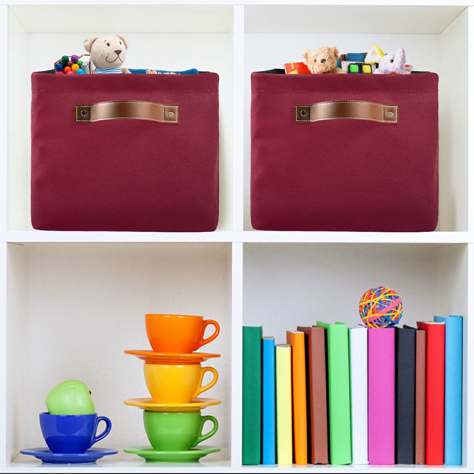 Burgundy Red Foldable Storage Baskets (2-Pack) - Waterproof Collapsible Fabric Storage Bins with Handles for Shelves, Closet, Nursery & Home Organization | Sturdy Canvas Storage Cubes for Bedroom, Bathroom & Office Use