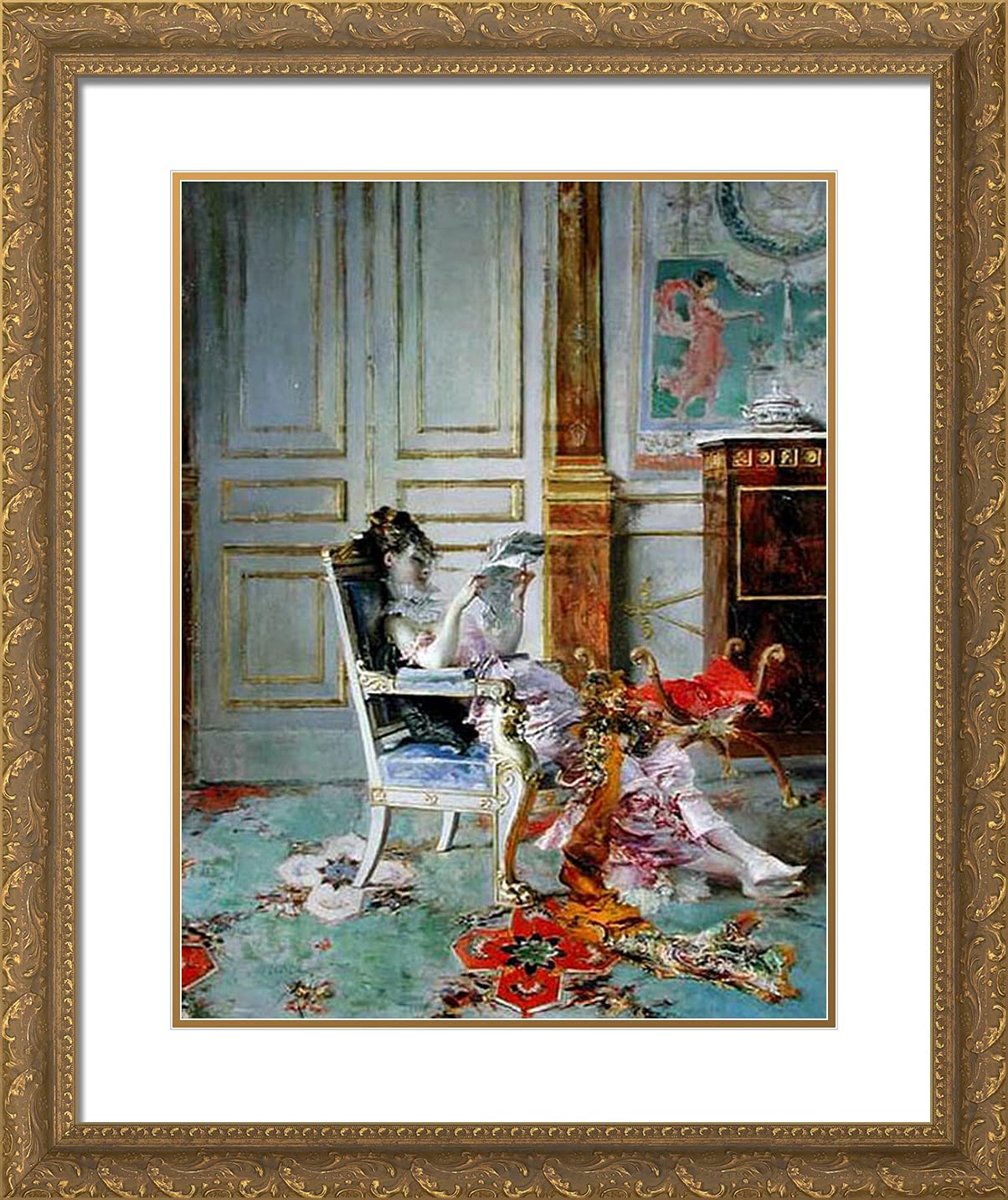Giovanni Boldini 'Girl Reading in a Salon' 20x24 Gold Ornate Framed Art Print with Double Matting - Elegant Wall Decor for Living Room, Bedroom & Office