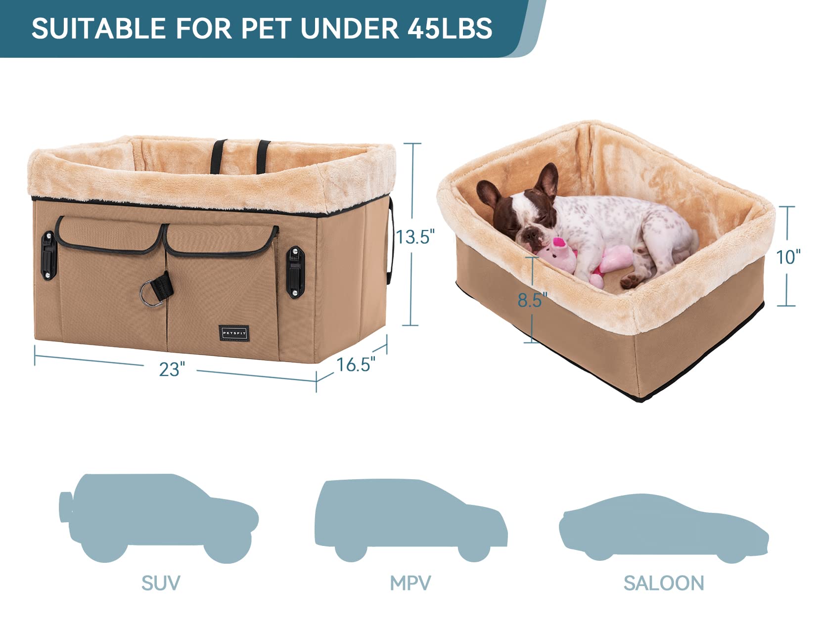 Petsfit Dog Booster Seat for Medium Dogs - Safe Car Travel with Patent Buckles, Washable Pad & Non-Slip Base - Up to 45 lbs (Medium, Tan) - Perfect for Road Trips, Vet Visits & Family Outings