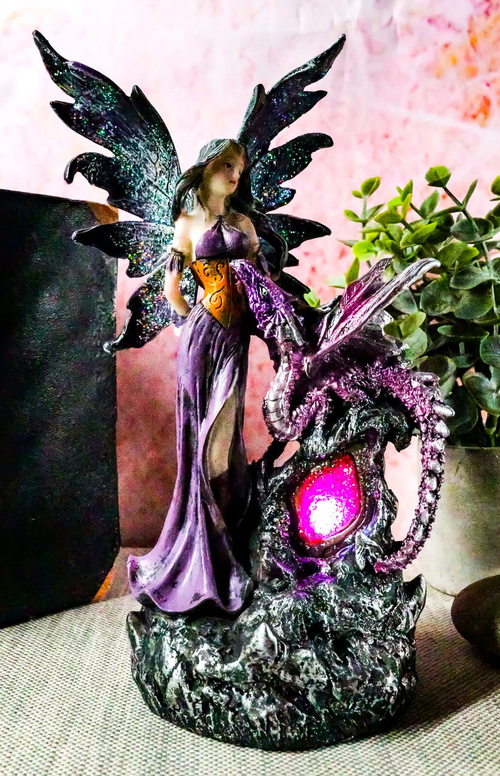 Purple Fairy with Dragon LED Crystal Geode Night Light - Fantasy Decor Statue for Bedroom, Living Room & Gift Giving