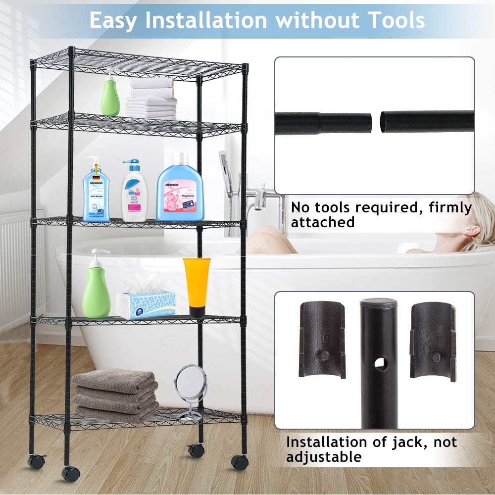 5-Tier Heavy Duty Wire Shelving Unit with Wheels - 750lbs Capacity, NSF Certified, Adjustable Height & Wide Flat Shelves - Metal Storage Rack for Kitchen, Pantry, Garage, Living Room & Balcony Organization - Perfect for Storing Food, Tools, Books & Home Supplies