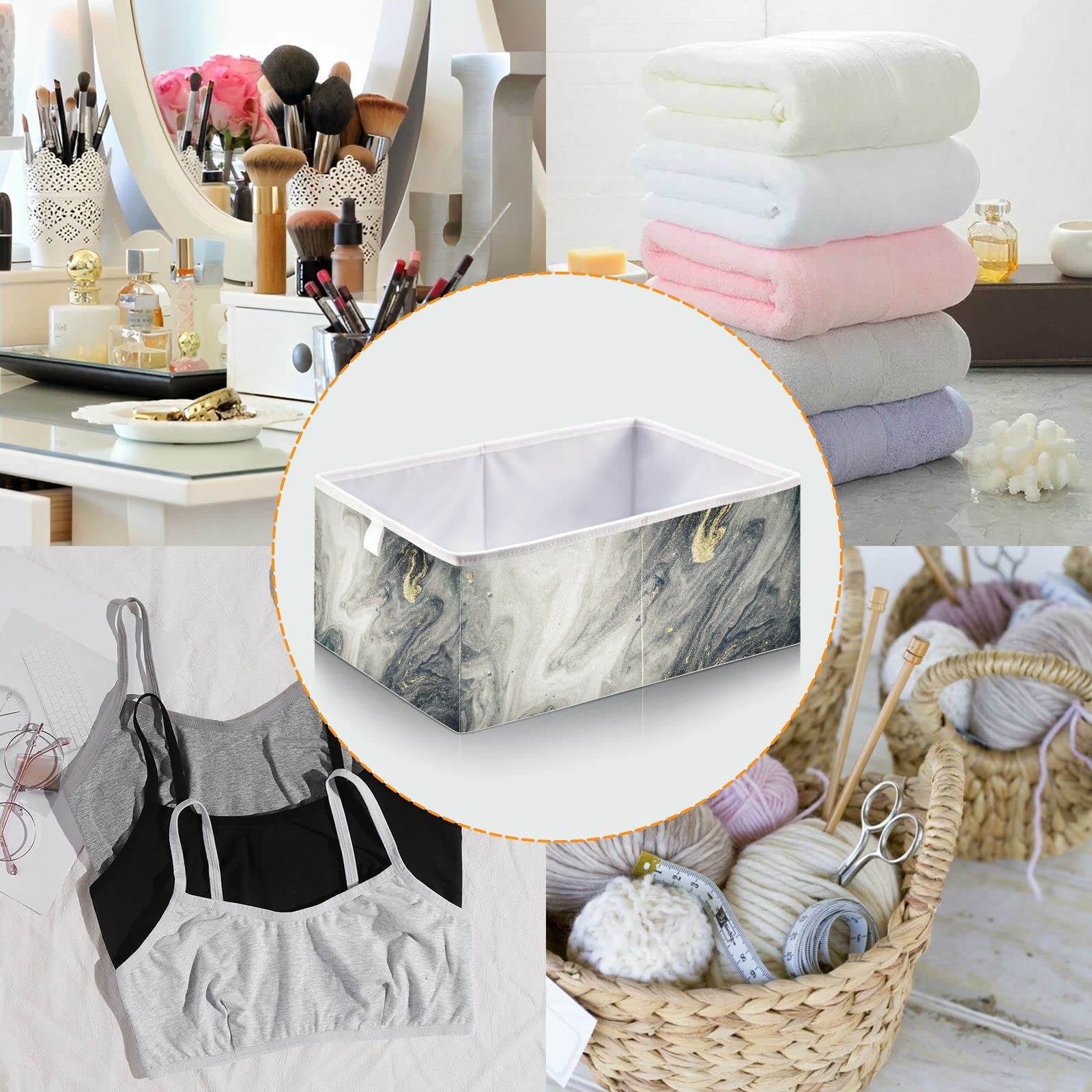 Grey Marble Storage Basket - Collapsible Square Fabric Bin for Home Organization | Perfect for Living Room, Office, and Closet Storage