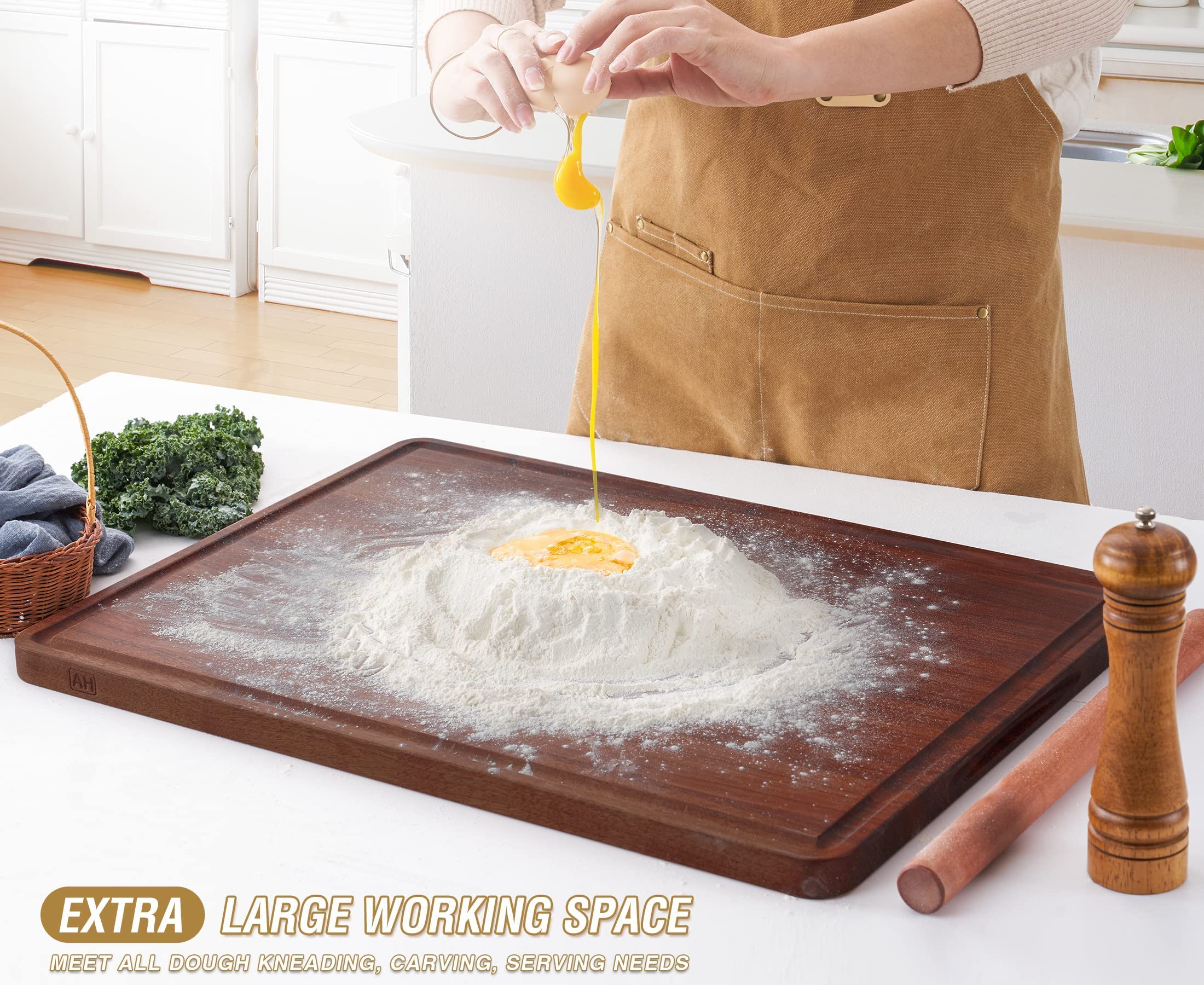 Premium XXL Walnut Wood Cutting Board 24x18 Inch - Thick Reversible Butcher Block with Juice Groove & Non-Slip Handles - Heavy Duty Chopping Board for Kitchen, Meat, Vegetables - Includes Gift Box & Non-Slip Mats - Perfect for Home Chefs & Holiday Gifting