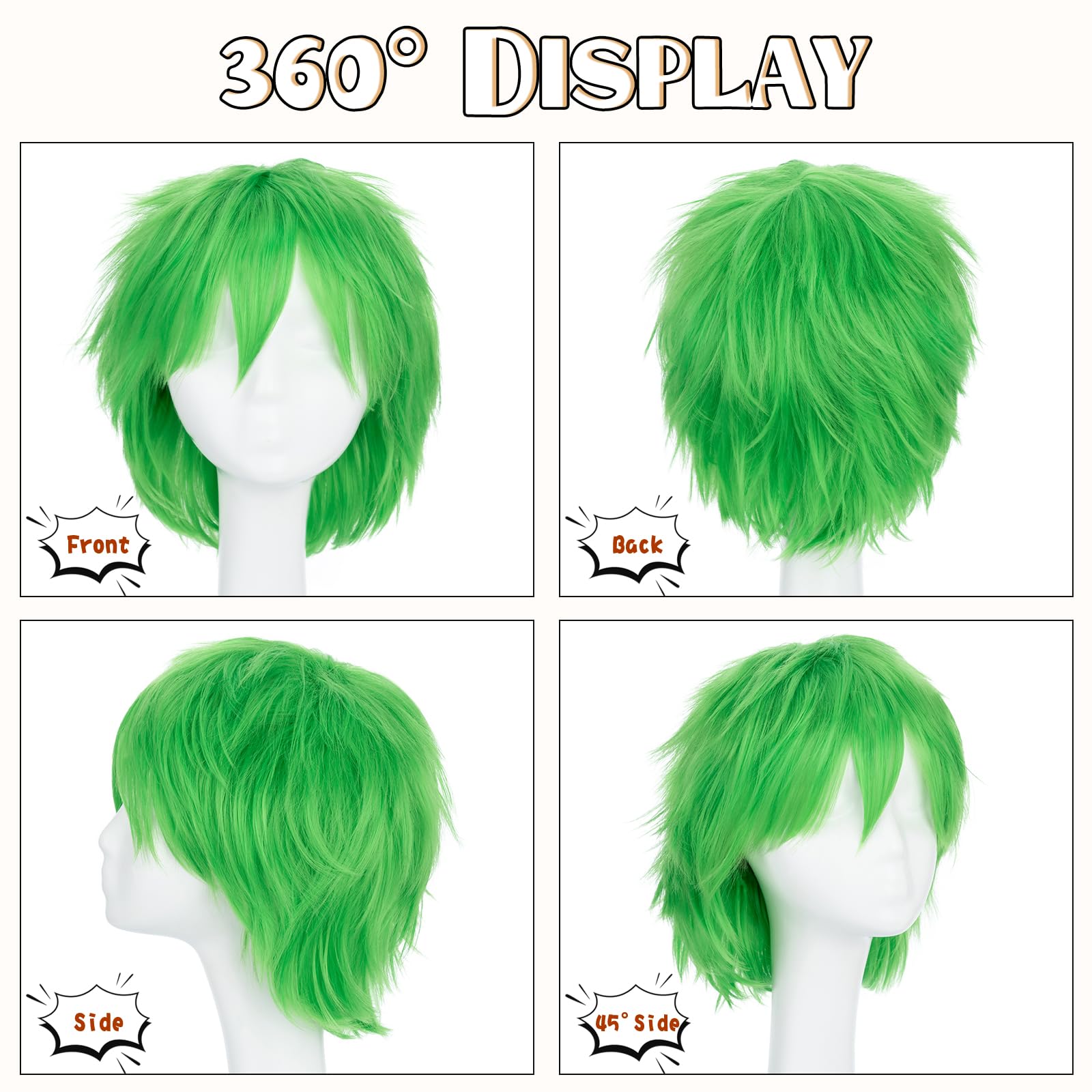 S-noilite Unisex Short Cosplay Wig for Women & Men - Fluffy Straight Anime Synthetic Hair - Green Pixie Wig for Halloween, Comic Con, and Costume Parties