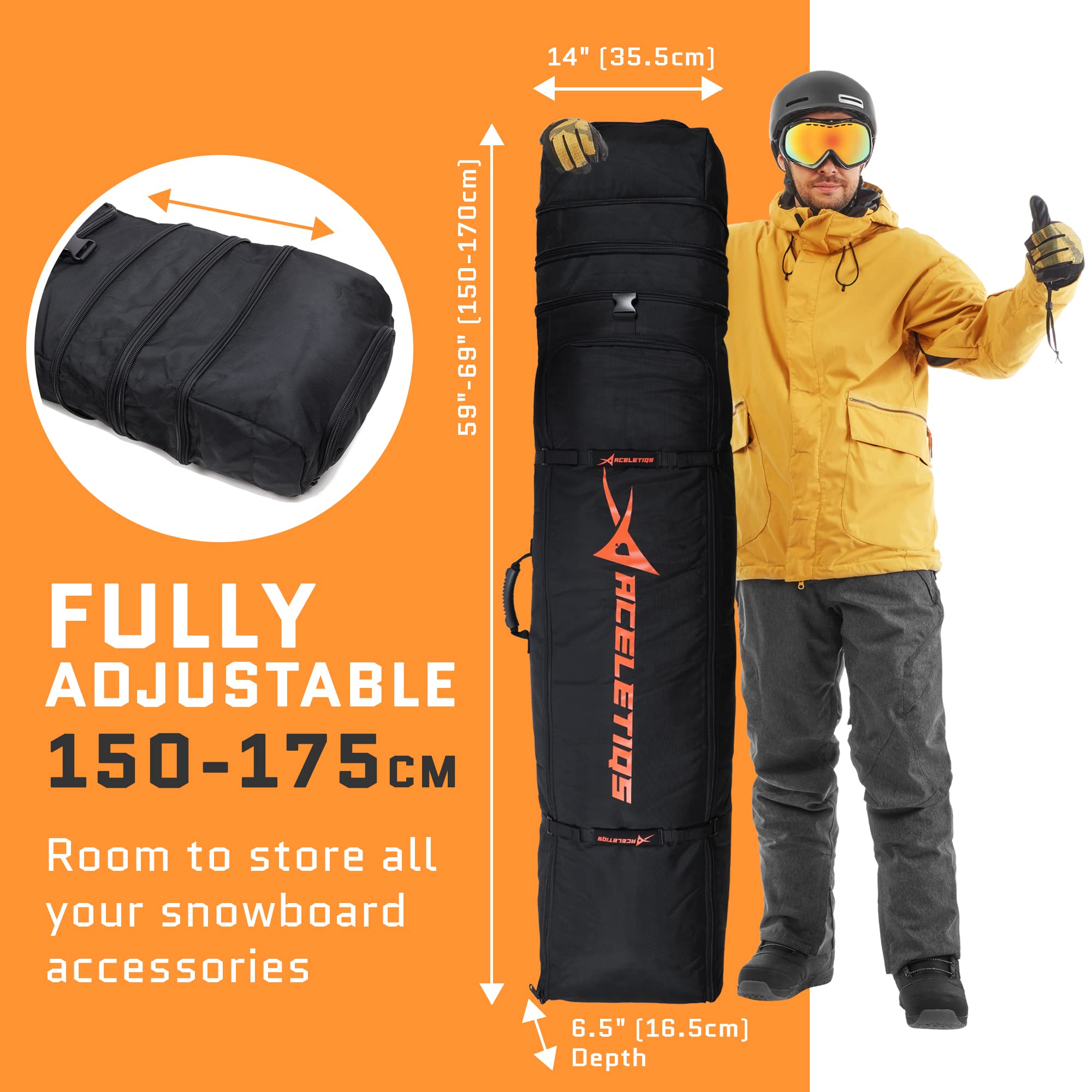 **Waterproof Snowboard Bag with Wheels for Air Travel - Adjustable Fit 150cm-170cm, Roll-Up Design for Easy Storage | Perfect for Snowboarding Trips & Gear Protection**
