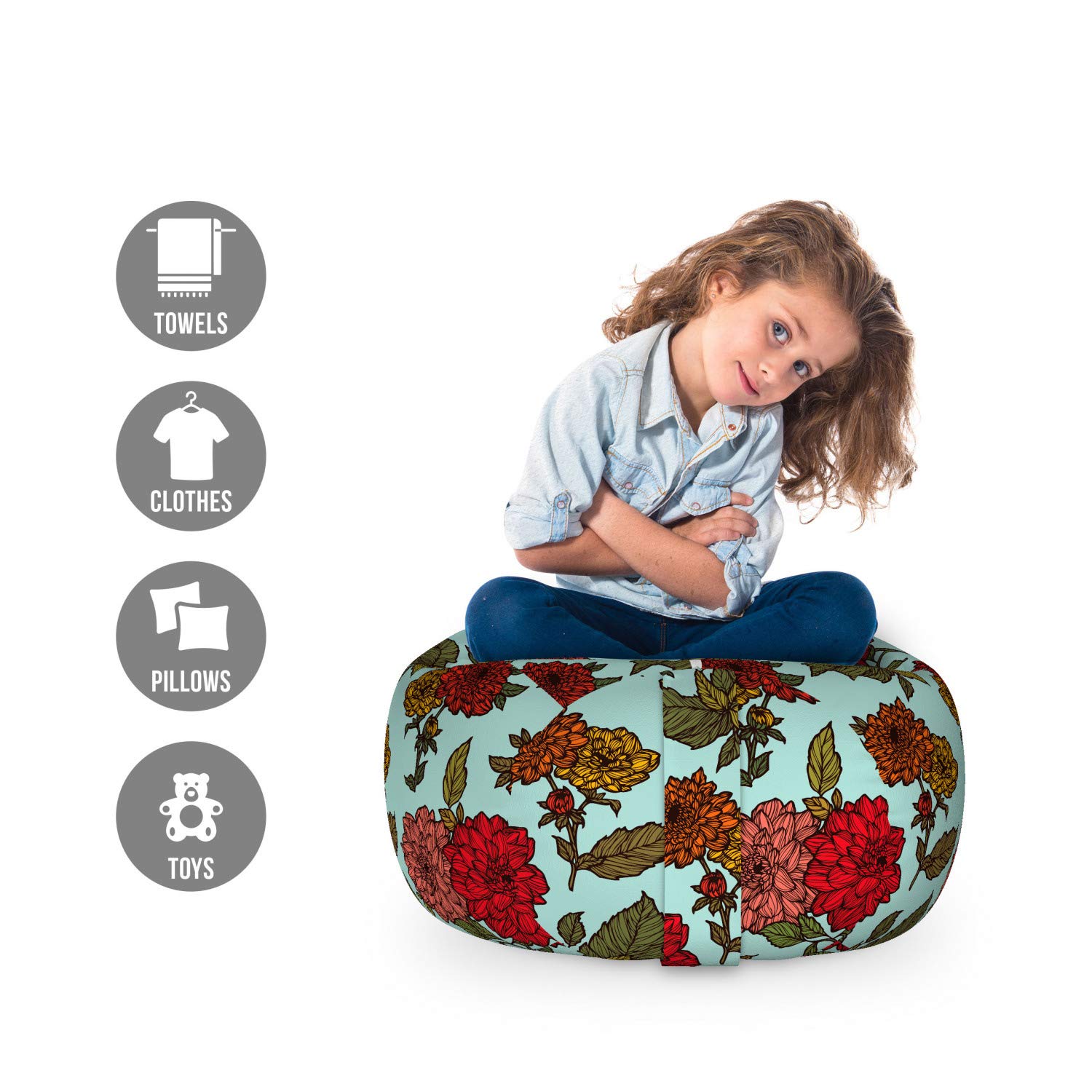Ambesonne Floral Toy Storage Bag Chair - Seafoam Background with Detailed Flowers, Washable Stuffed Animal Organizer, Small Size in Pale Blue Vermilion - Perfect for Kids' Room, Nursery, and Playroom Organization
