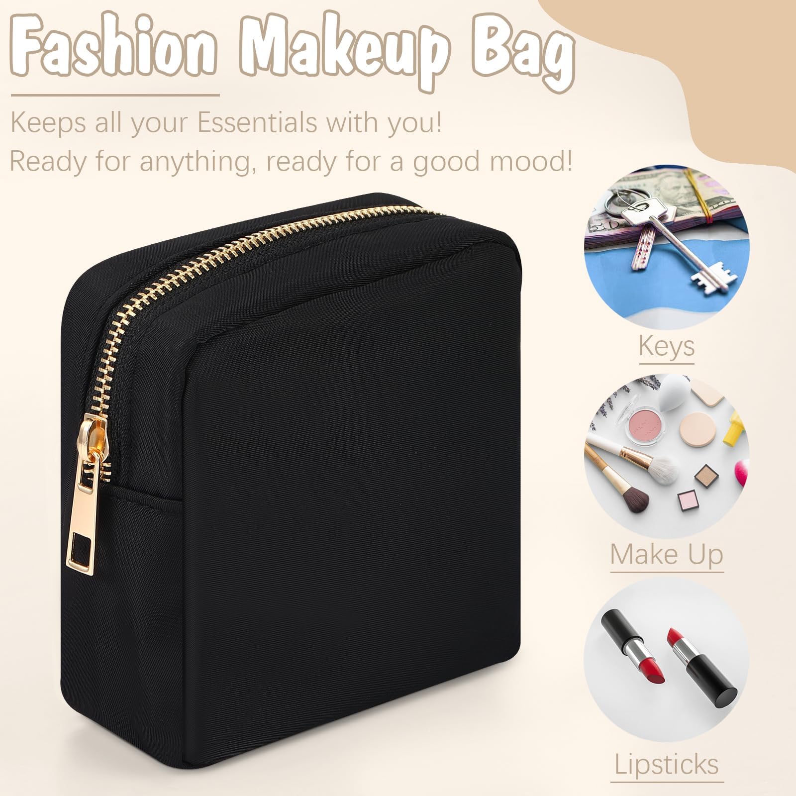 Small Waterproof Nylon Makeup Bag for Women - Mini Cosmetic Pouch with Zipper, Preppy Travel Organizer for Purse, Girls Makeup Case (Black) | Perfect for Daily Use, Travel, Gym & Gift Giving