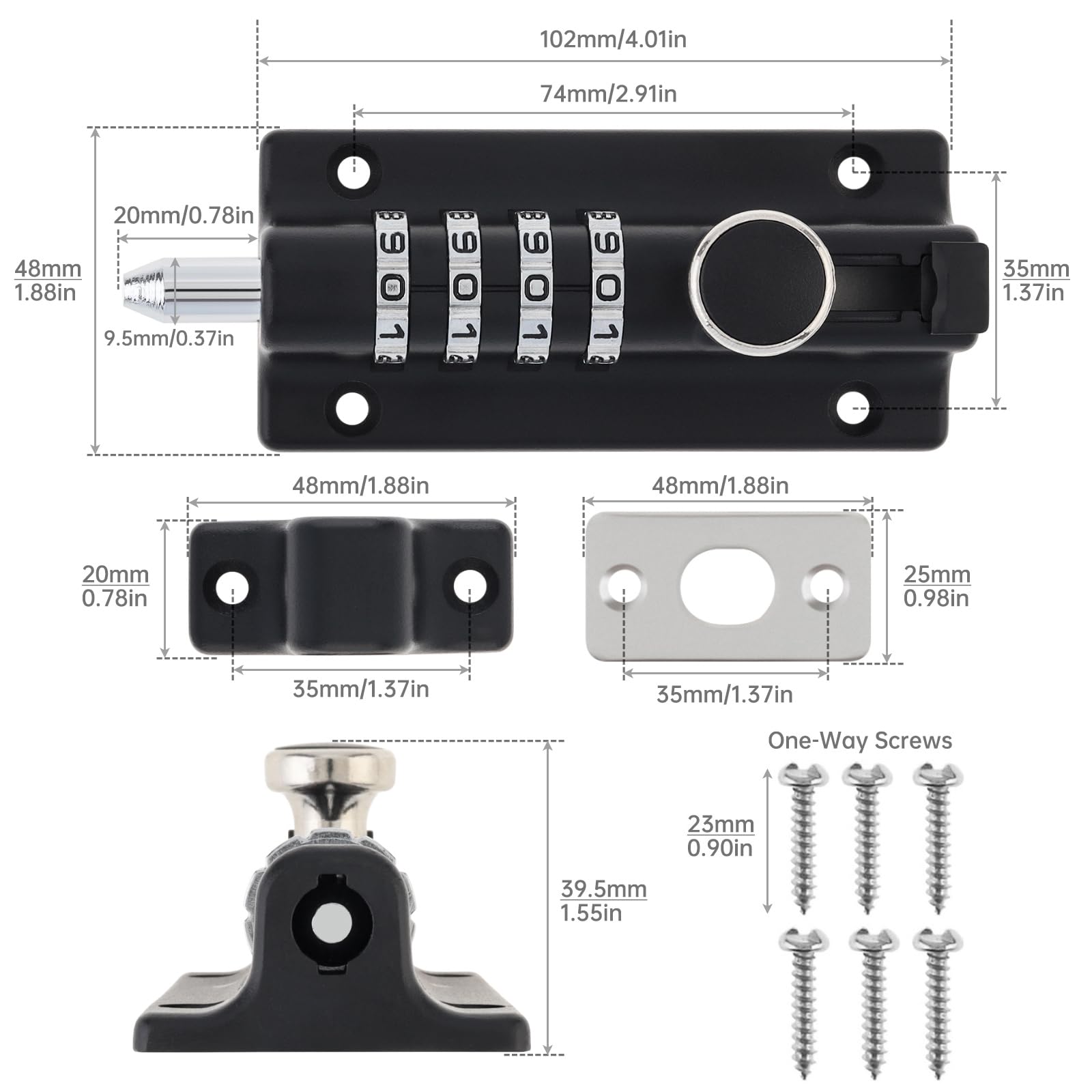4 Digit Combination Slide Bolt Lock - Heavy Duty Zinc Alloy Security Latch for Shed, Gate & Fence Doors | Keyless Entry Door Lock | Weatherproof & Rust-Resistant Black Finish | Perfect for Home Security, Storage Units & Outdoor Use
