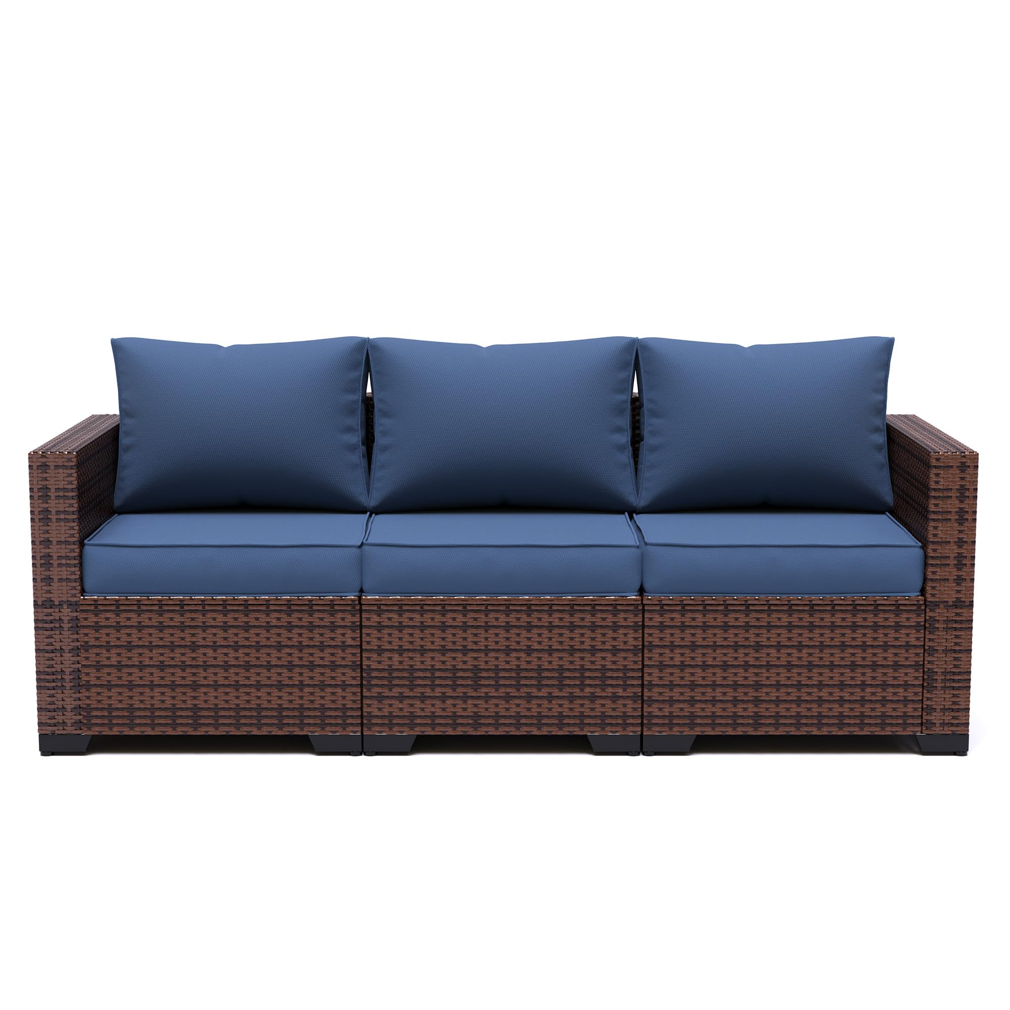 UDPATIO 3-Seat Outdoor Wicker Sofa Set with Steel Frame - Navy Blue Rattan Sectional Couch, Deep Seating High Back Design, Includes Waterproof Cover & Non-Slip Cushions - Perfect for Patio, Garden, Poolside or Backyard Relaxation
