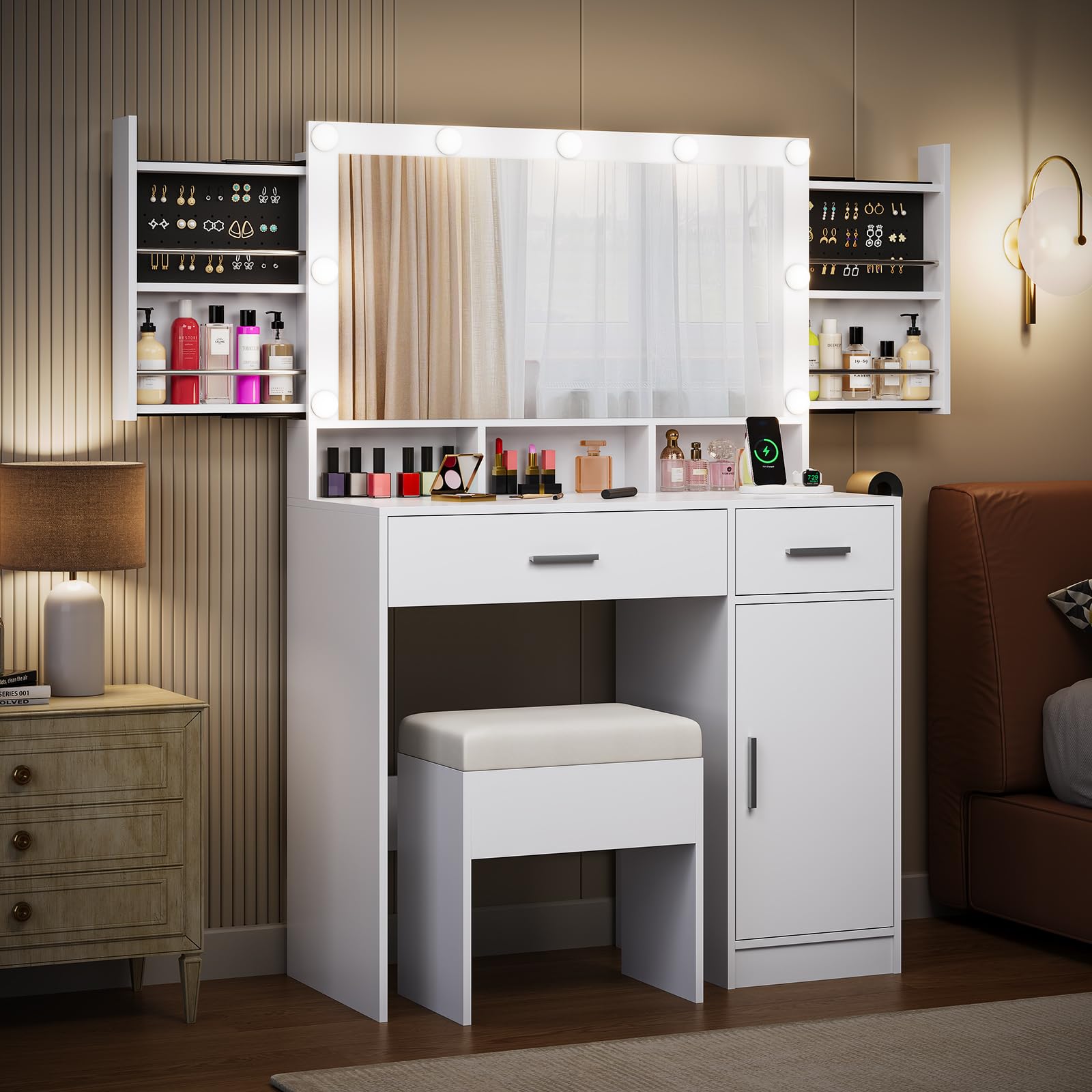 Vanity Desk with Mirror and LED Lights - White Makeup Table with Large Drawers, Sliding Storage & Wall-Mounted Jewelry Organizer | 3 Color Modes, Power Outlet & Cushioned Stool Included | Perfect for Bedroom, Dressing Room & Beauty Salon Makeup Station