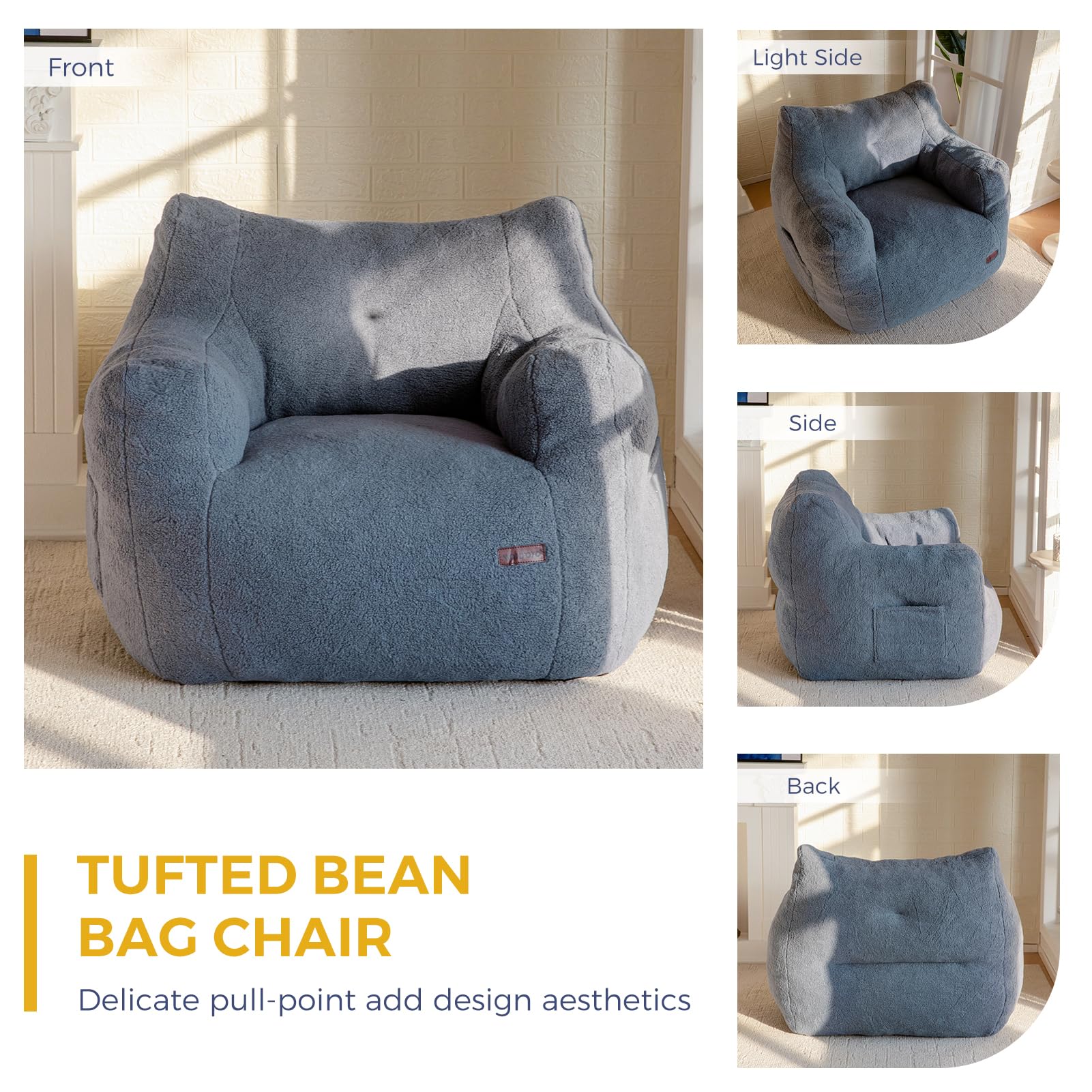 MAXYOYO Tufted Boucle Fabric Bean Bag Chair - Ultra Comfy Lazy Sofa with Filler for Adults & Teens in Dusty Blue | Perfect for Living Room, Bedroom, Game Room & Dorm Relaxation