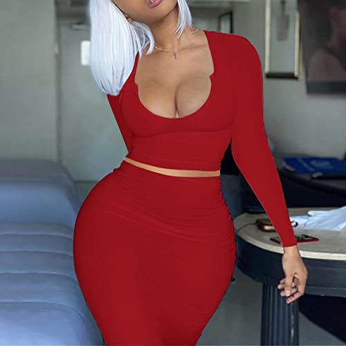 Sexy Women's Two-Piece Skirt Outfit - Long Sleeve/Sleeveless V-Neck Bodycon Ribbed Knit Maxi Dress for Club, Party & Evening Wear | Perfect for Date Night, Cocktail Events & Night Out