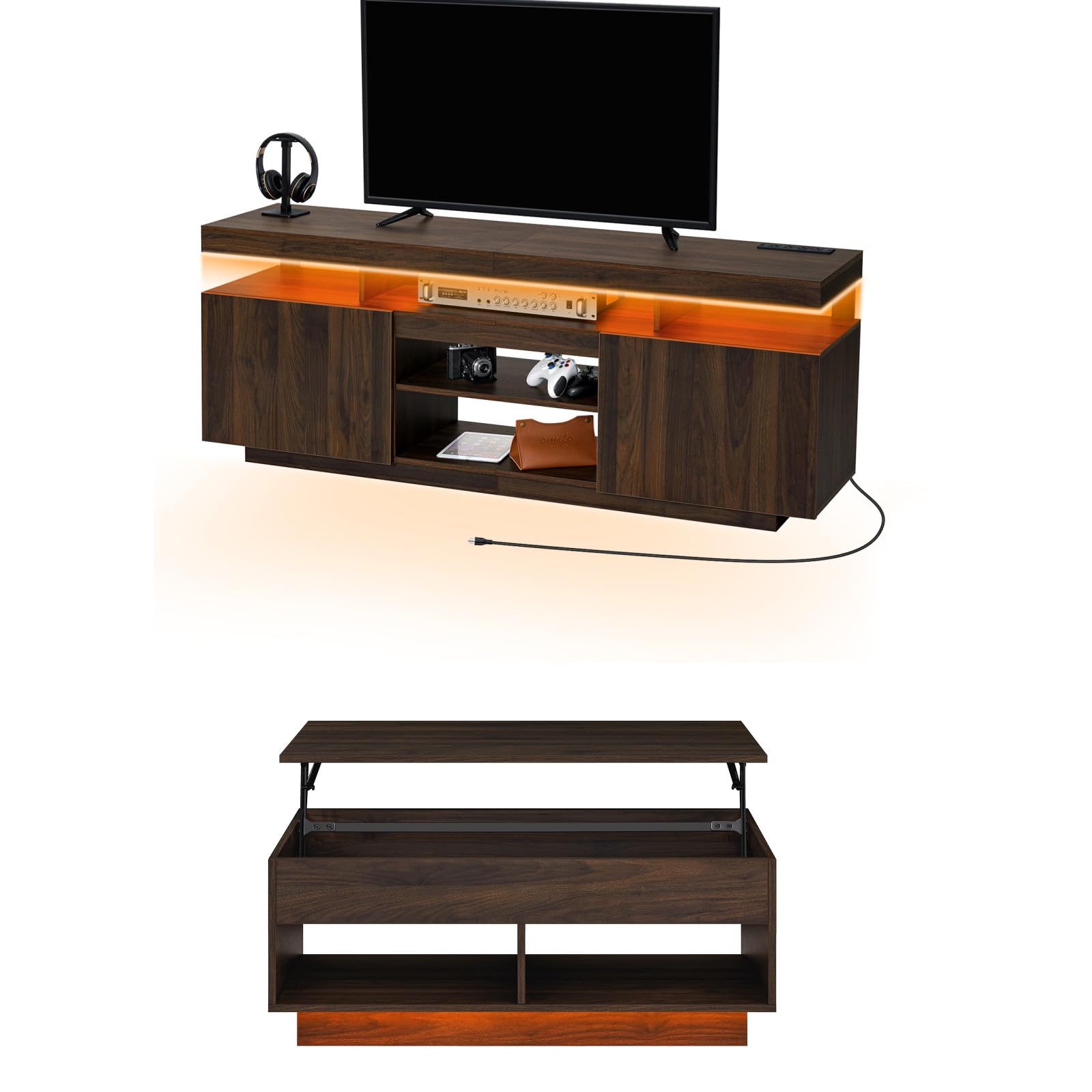 HOMMPA Modern Industrial TV Stand and Coffee Table Set of 2 - LED Entertainment Center for 55/65/70 Inch Gaming TV Console with Lift Top - Walnut Living Room Furniture for Gaming & Movie Nights