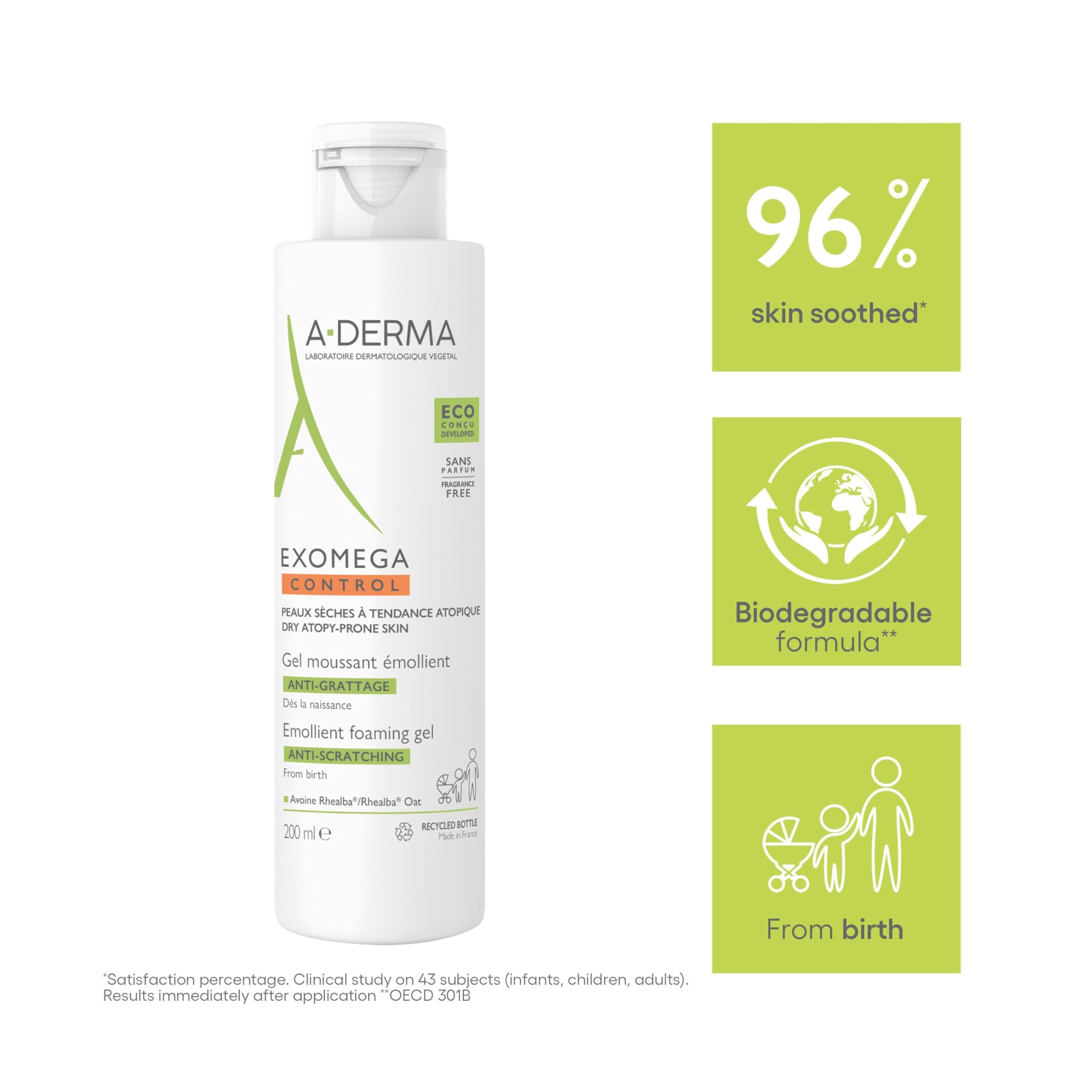 A-derma Exomega Control Emollient 2-in-1 Washing Gel for Children - 200ml | Soothing & Hydrating Bath Solution for Sensitive Skin | Perfect for Daily Baby Care & Eczema-Prone Skin