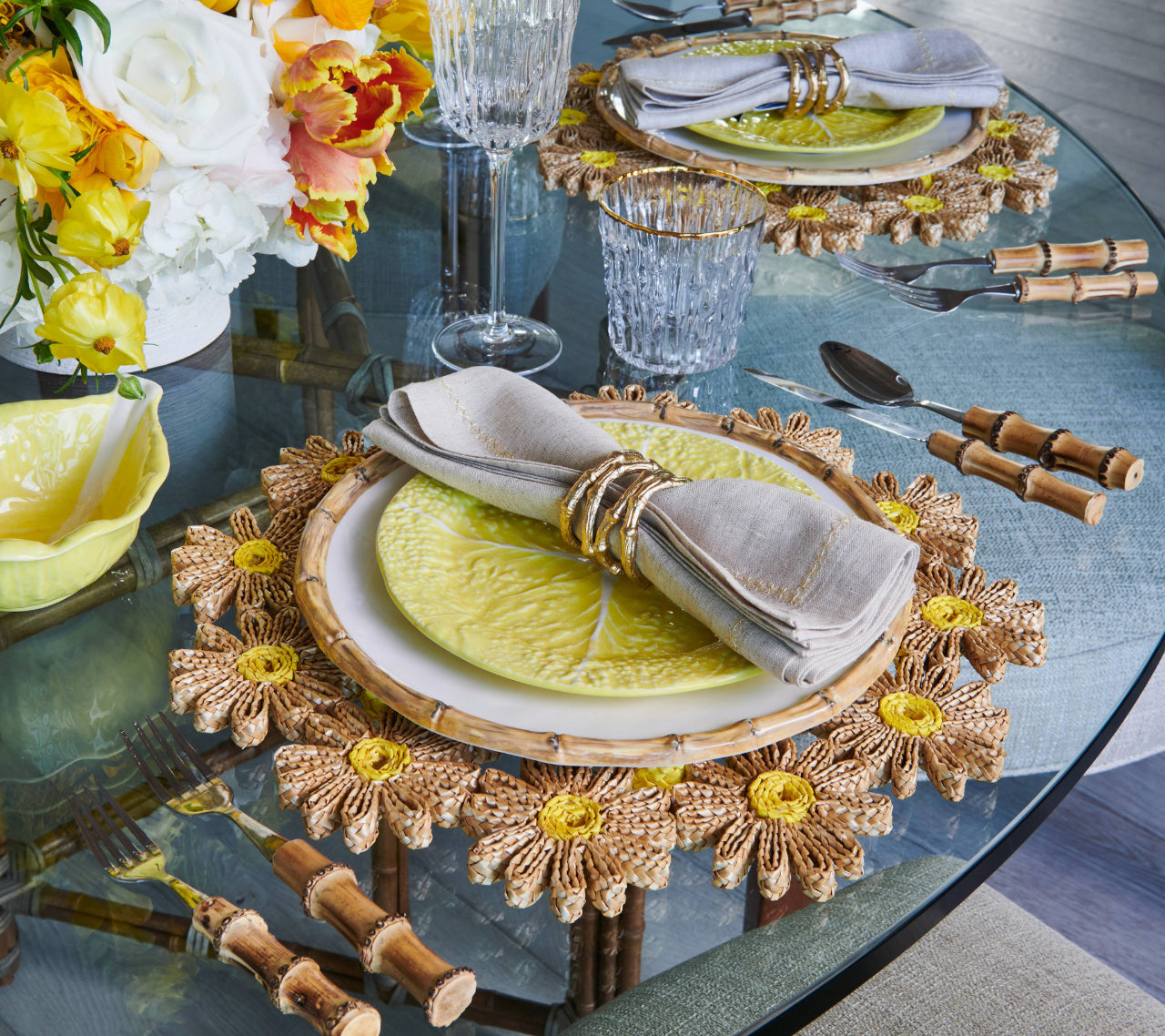 Natural & Yellow Daisy Placemats Set of 4 - Handmade Coasters for Dining Table Decor, Kitchen, Picnic, and Party Use