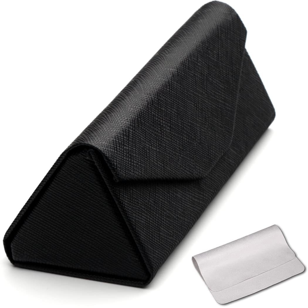 Hard Shell Glasses Case for Men & Women - PU Folding Eyeglass & Sunglass Holder with Cleaning Cloth | Portable Travel, Office & Daily Use Protective Storage