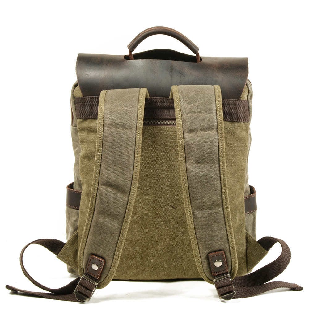 Durable Waxed Canvas & Genuine Leather Backpack - Green, Brown, Grey | Waterproof & Stylish for Outdoor Adventures, Travel & Daily Commute