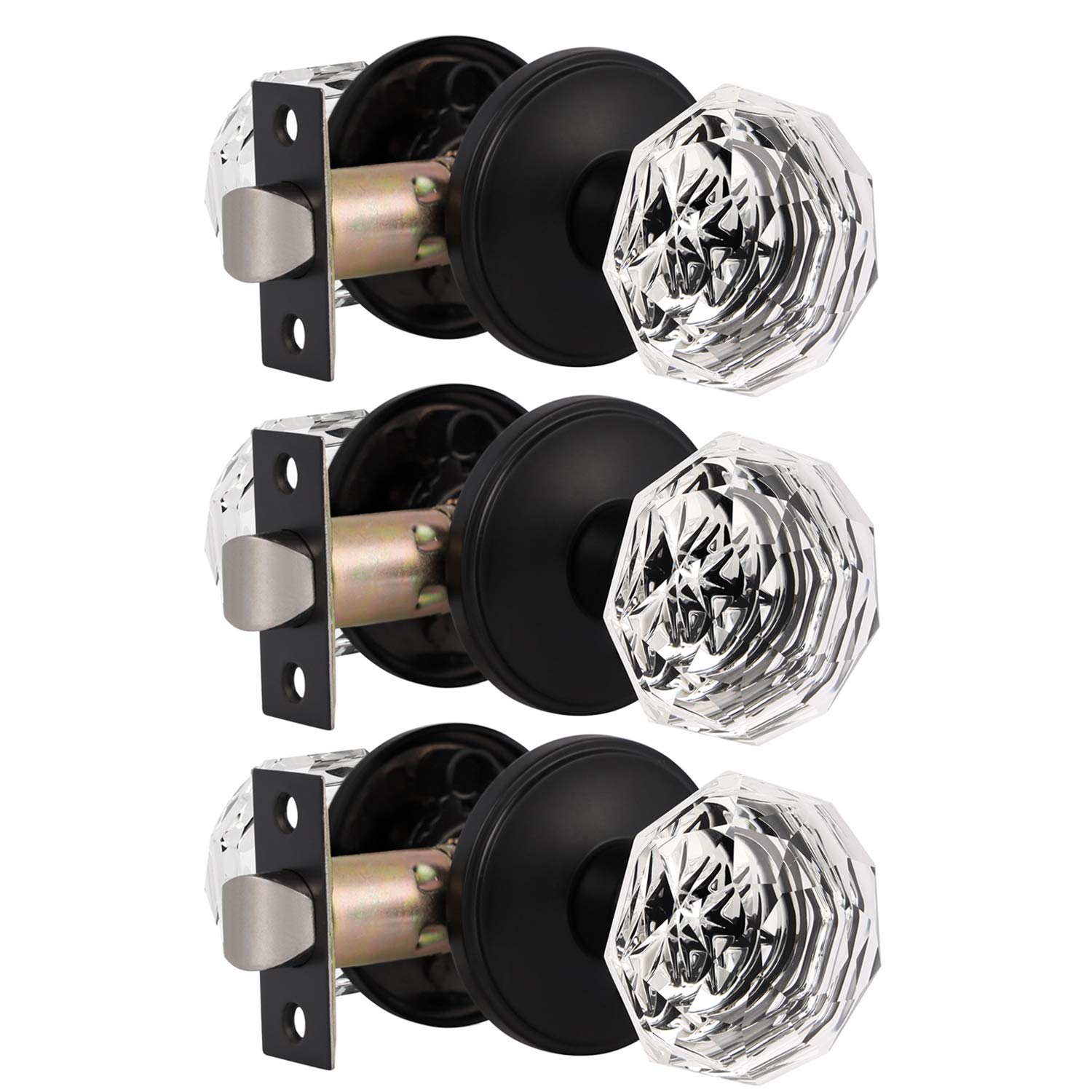3 Pack Crystal Glass Passage Door Knobs - Keyless Interior Door Knob Set for Hall, Closet & Bedroom - Modern Black Finish Round Knob for Smooth Operation & Stylish Home Decor