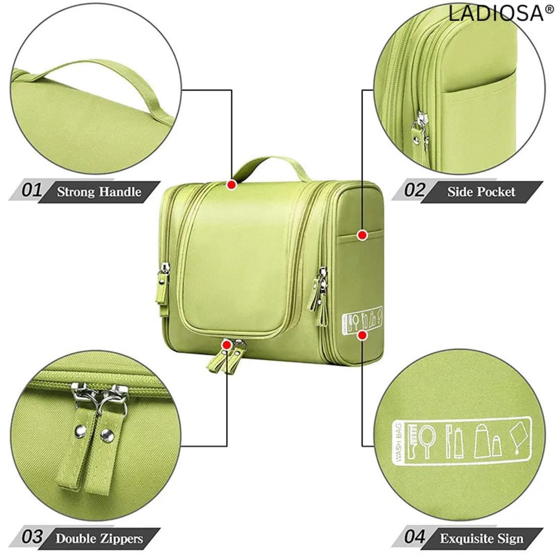 Ladiosa Waterproof Travel Toiletry Bag for Women - Large Makeup Organizer Pouch with Multiple Pockets (Green, 8.5x4.7x10.2 inches) - Perfect for Vacation, Gym, Camping & Airplane Carry-On Essentials