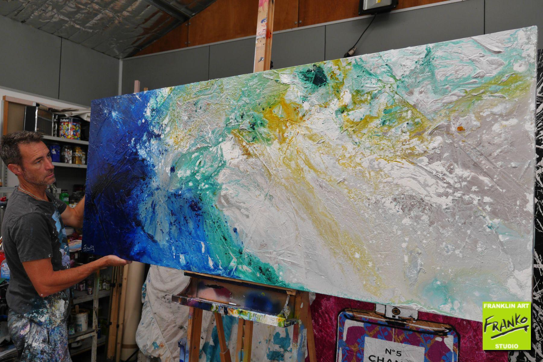 Blue Green Grey Abstract Textured Painting 80x200cm - Modern Wall Art for Living Room, Bedroom & Office Decor